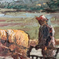 Antique oil painting on canvas | workers in field with cattle