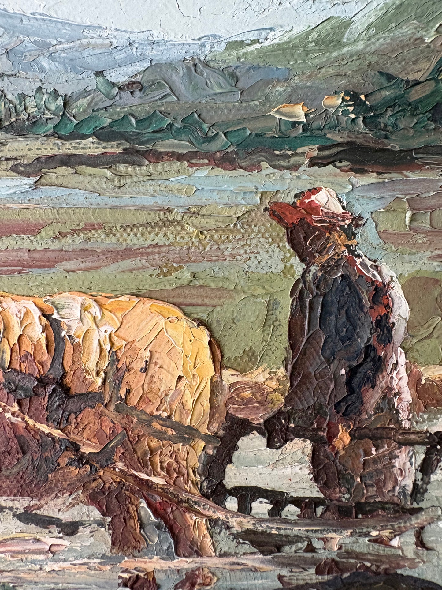 Antique oil painting on canvas | workers in field with cattle