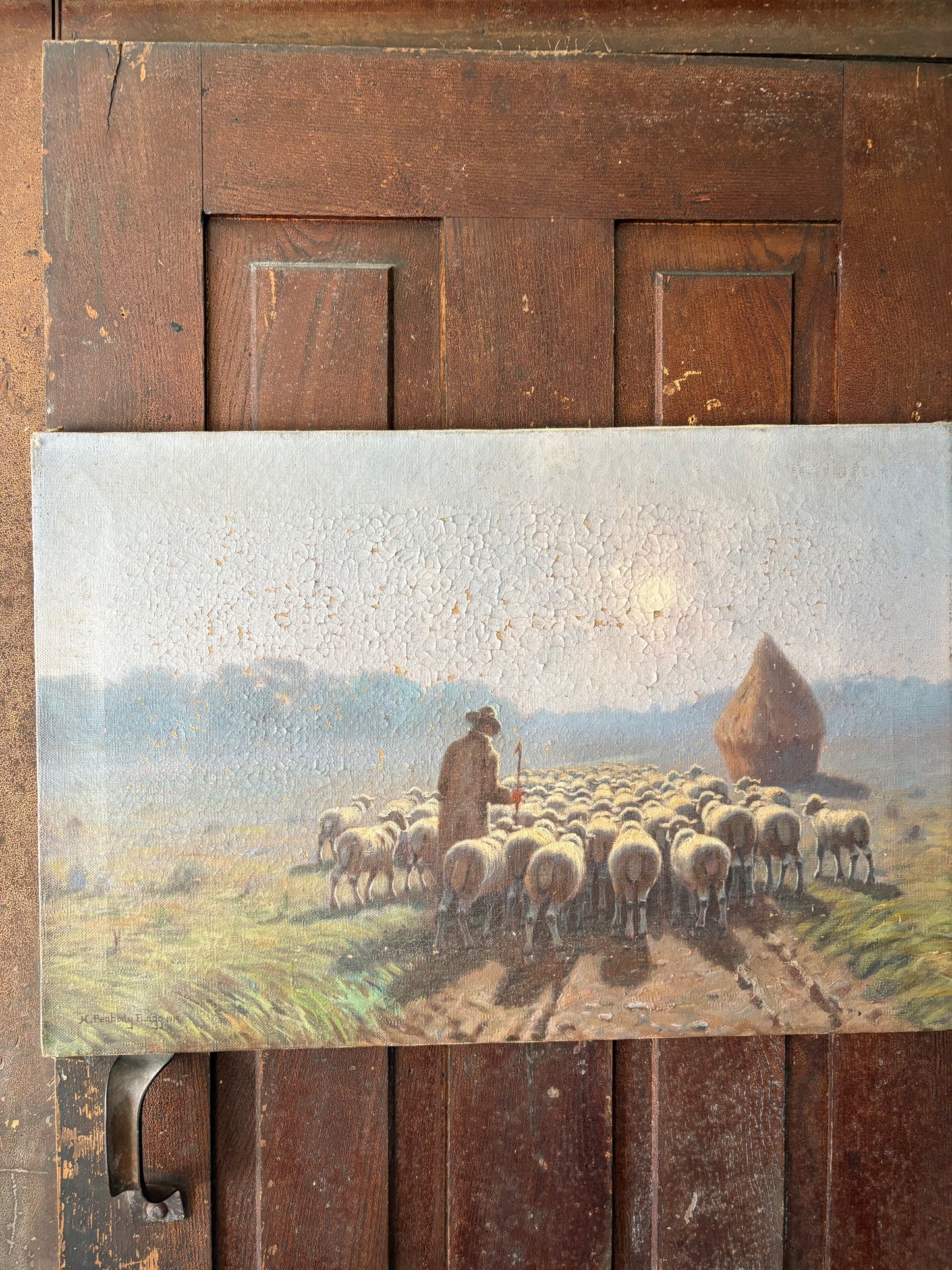 Antique signed 1919 sheep painting
