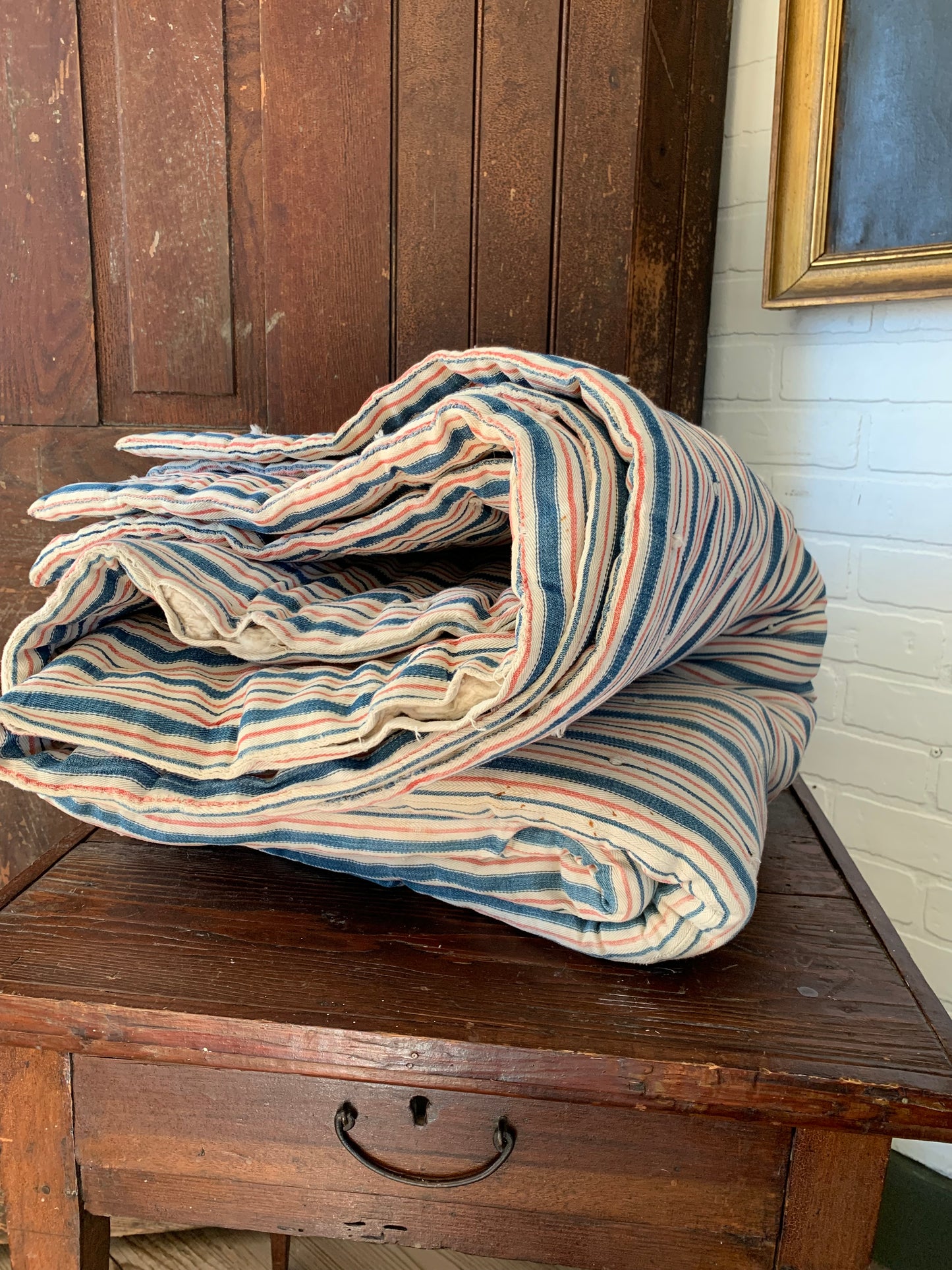 Rare Antique red & blue ticking mattress | wool filled