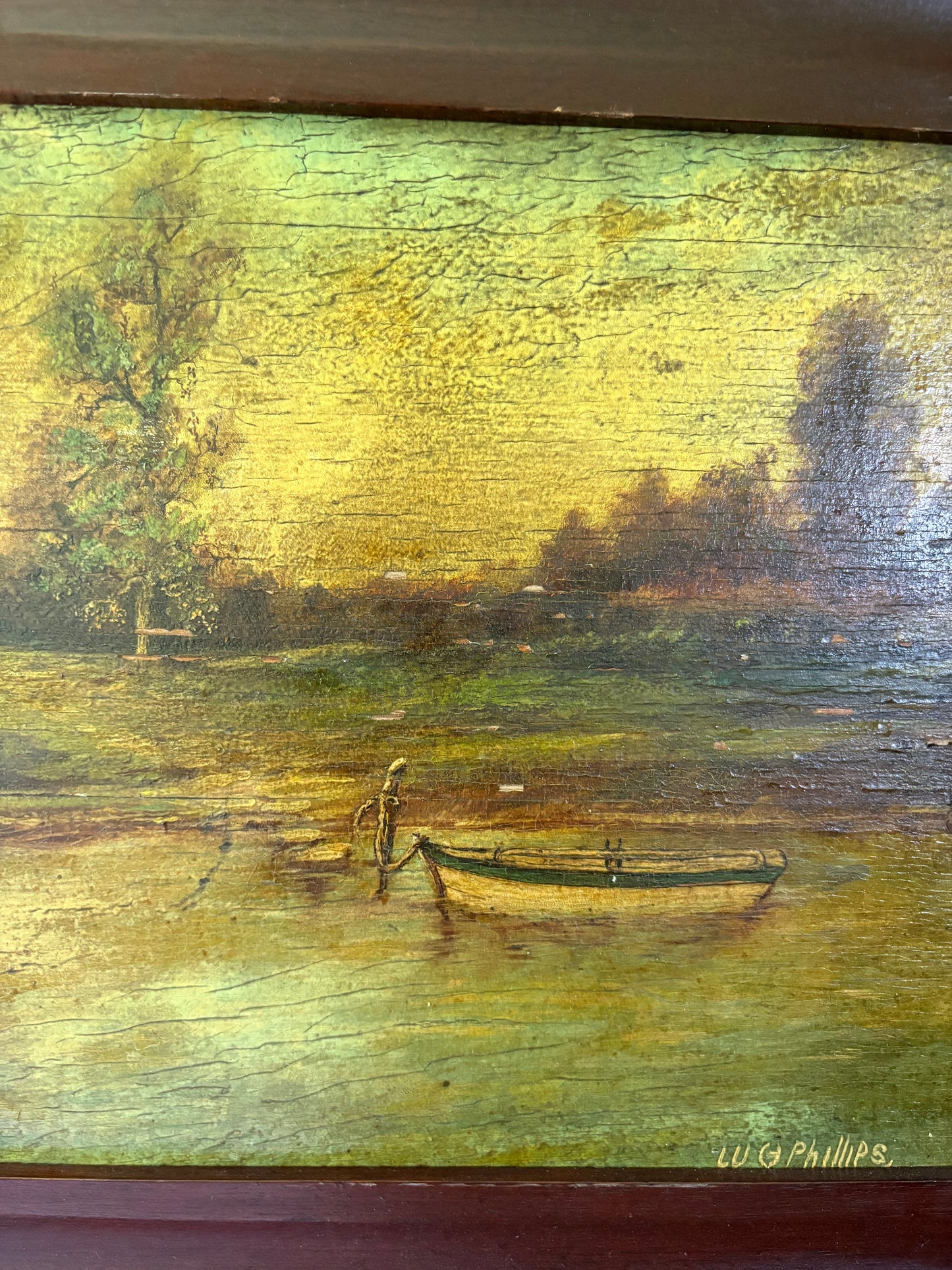 Antique oil painting on board landscape framed & signed