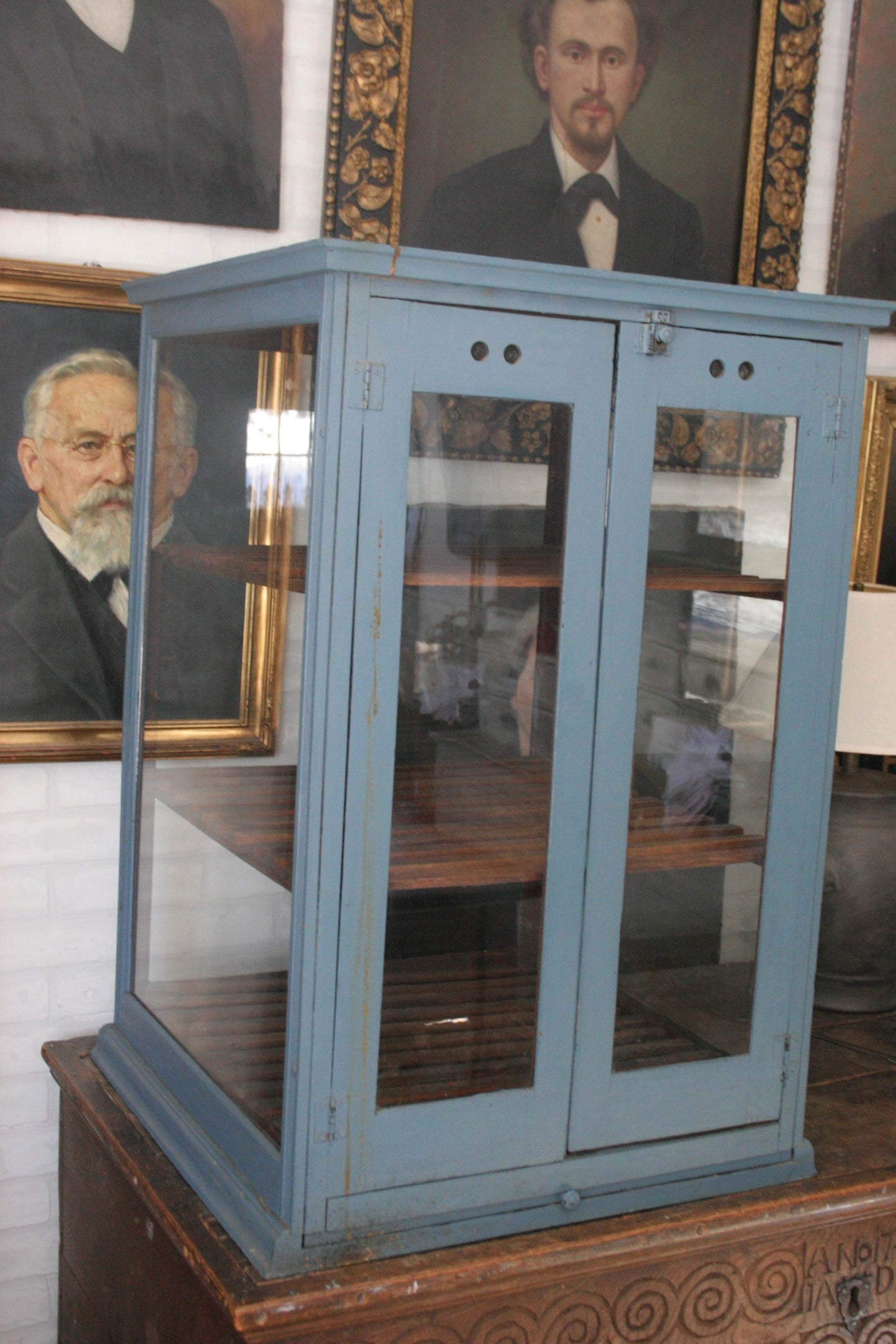 Antique blue paint pie cabinet for general store display | primitive