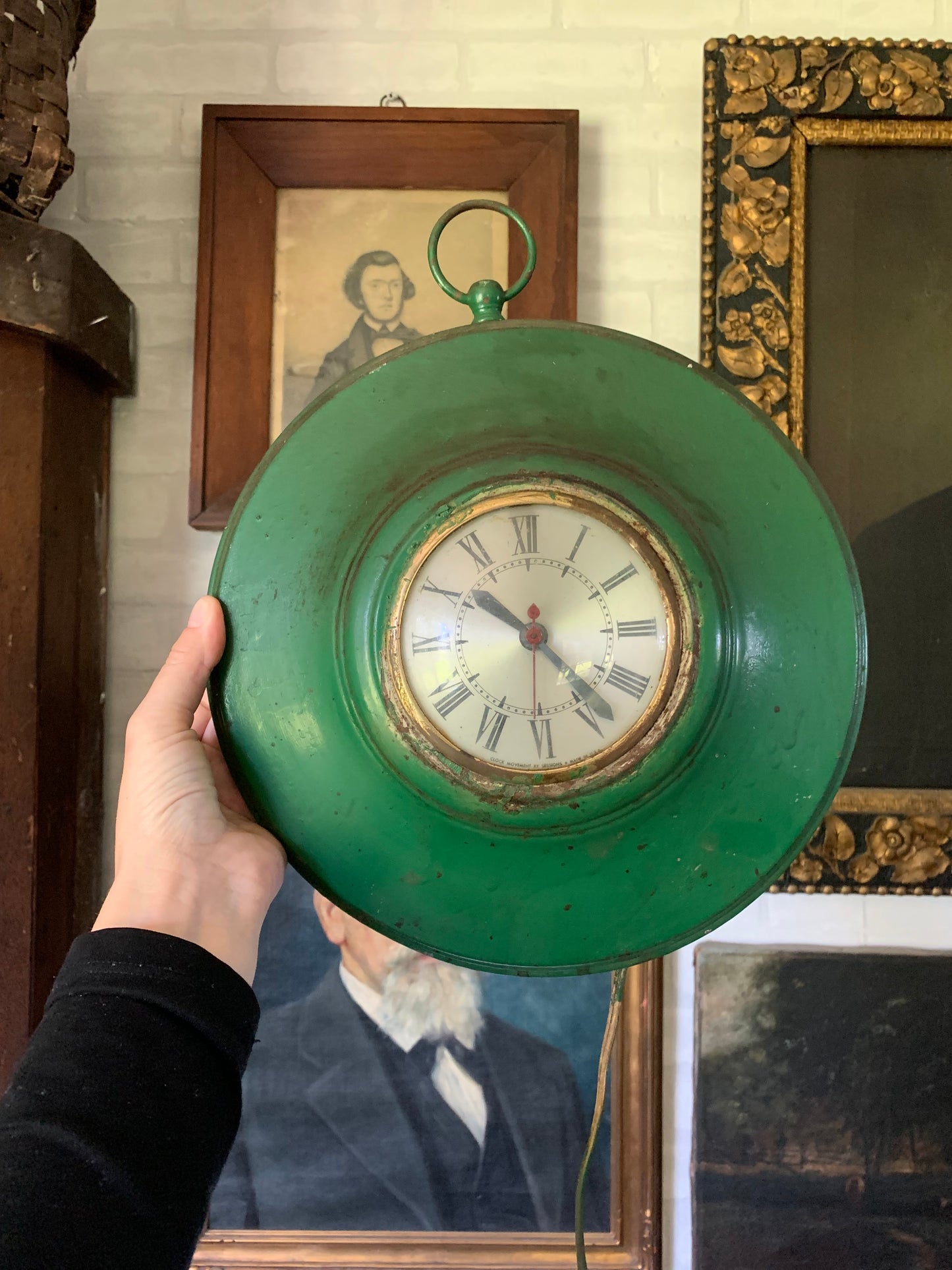 Vintage metal green enamel wall clock