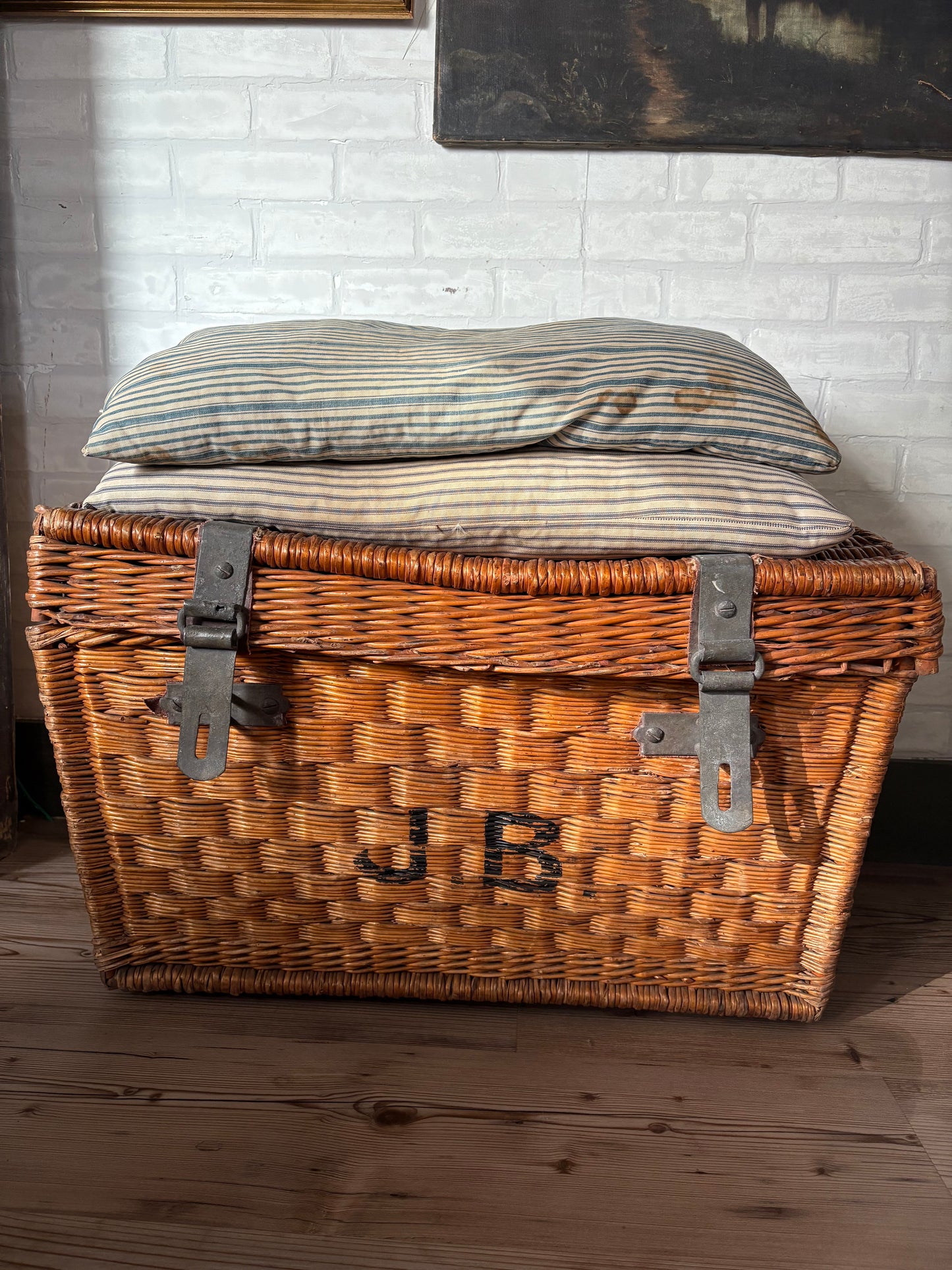 Antique French railway wicker trunk with initials JB | metal latches