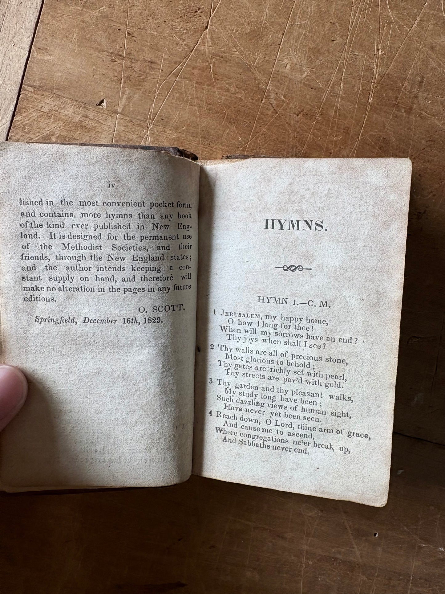 1831 second edition of "The New and Improved Camp Meeting Hymn Book” leather book