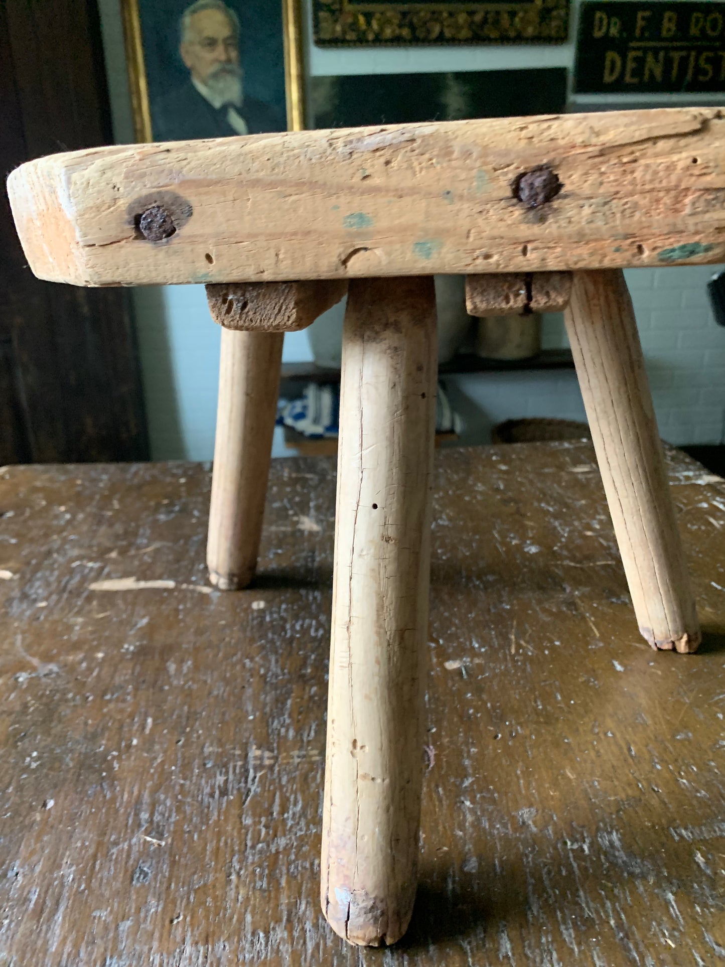 Antique wooden primitive milking stool
