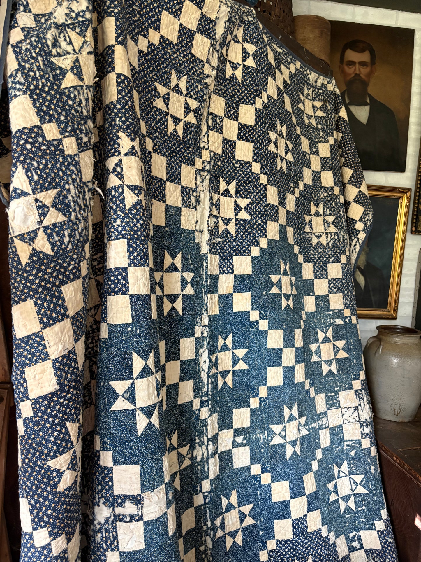 Early Antique star pattern quilt | indigo blue
