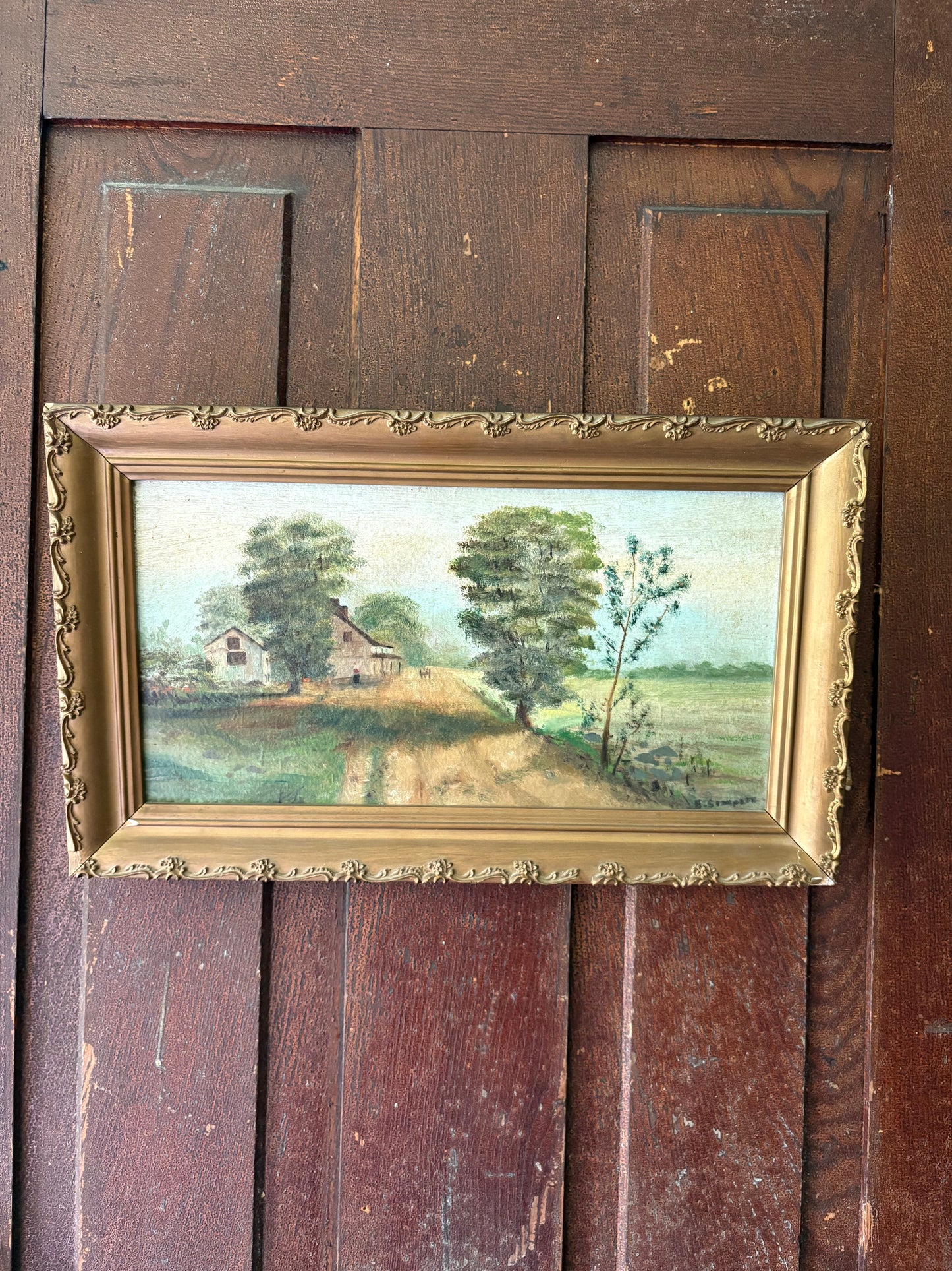 Antique rural oil painting on board framed