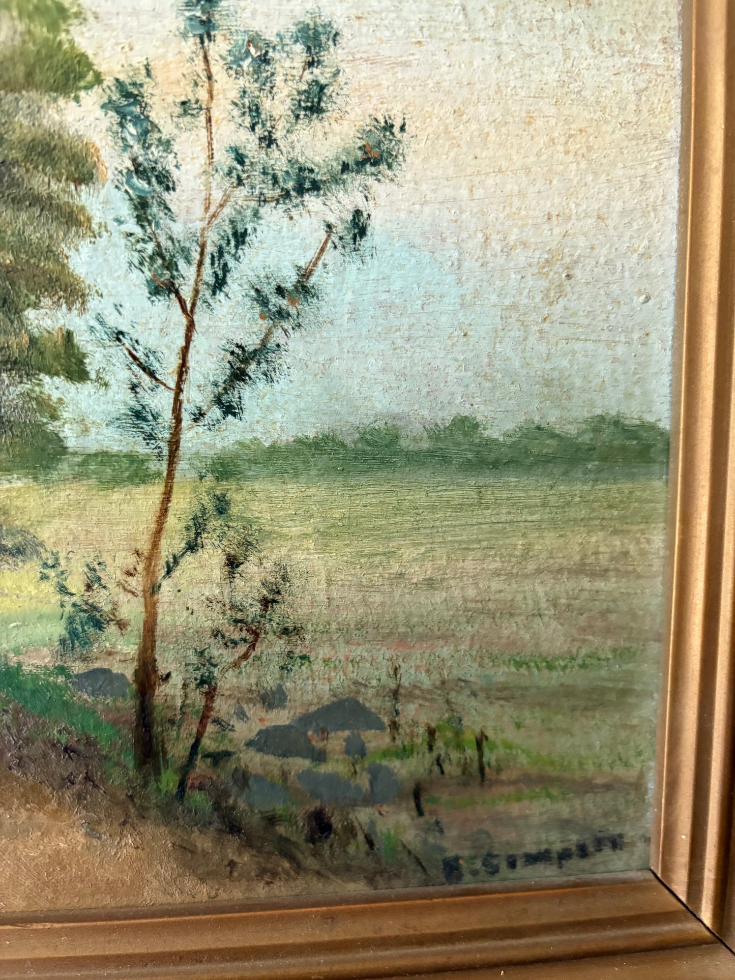 Antique rural oil painting on board framed