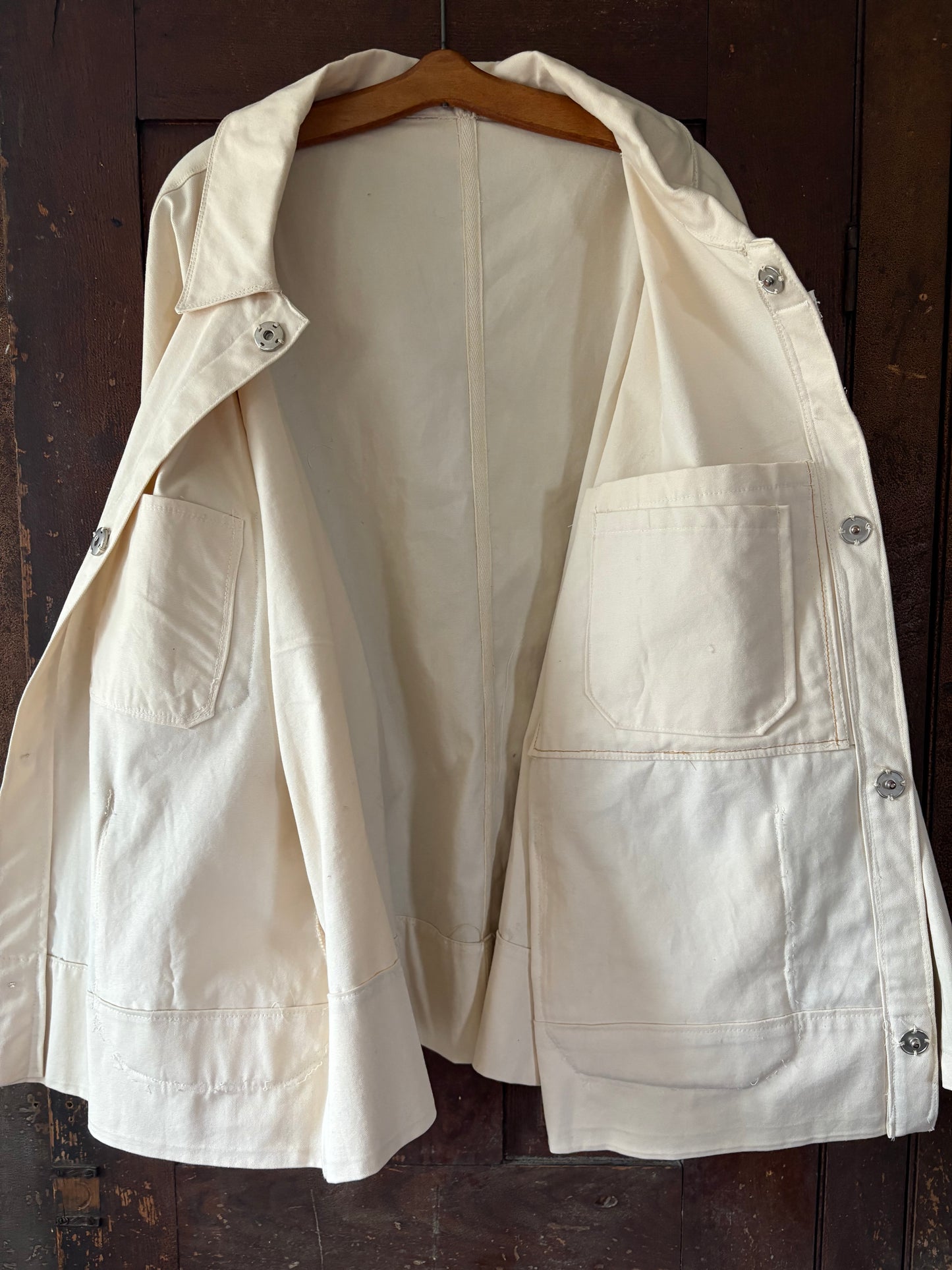 Vintage French chore coat reworked with French ticking stripe fabric