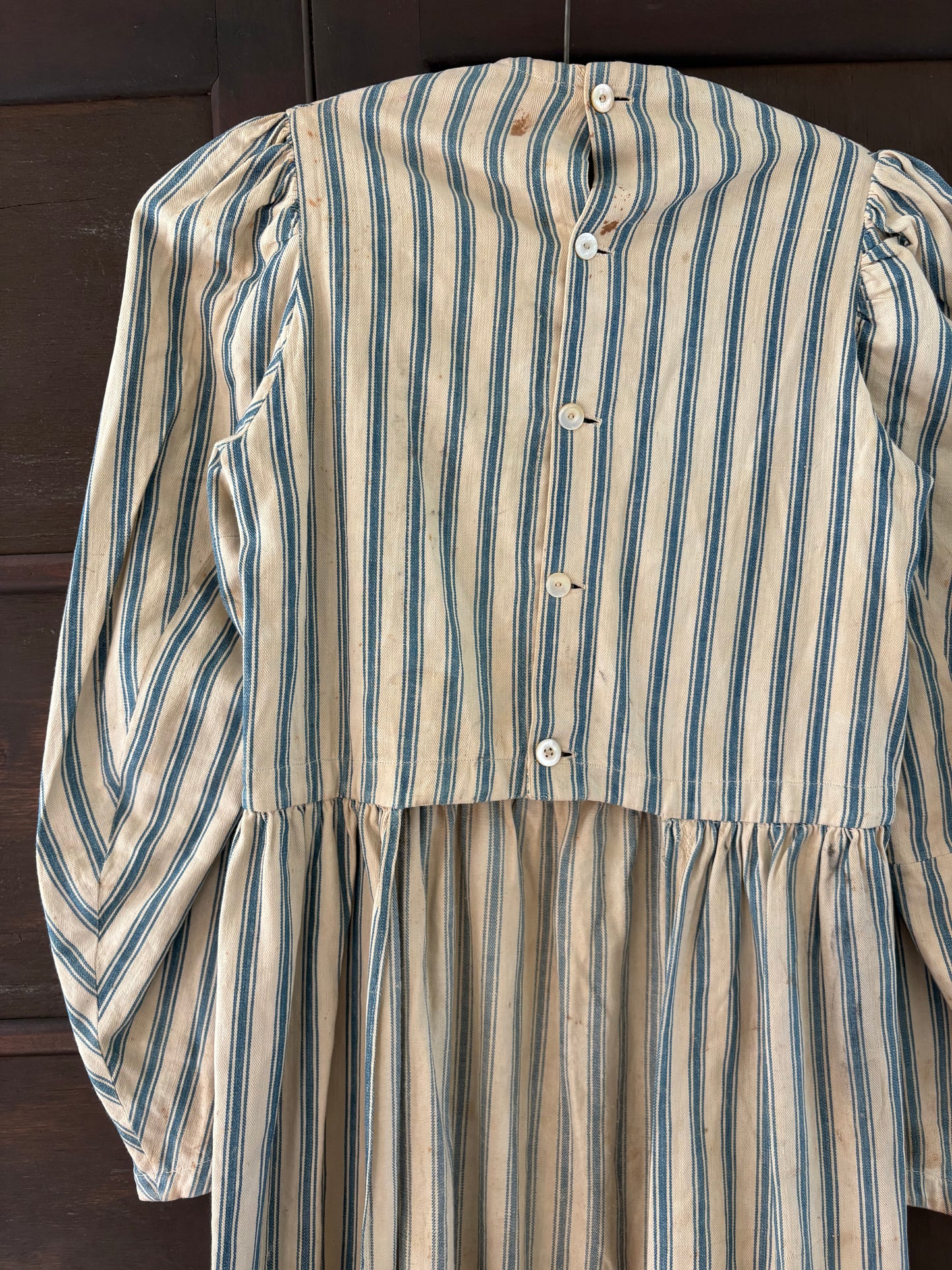 Antique primitive dress apron | blue stripe ticking