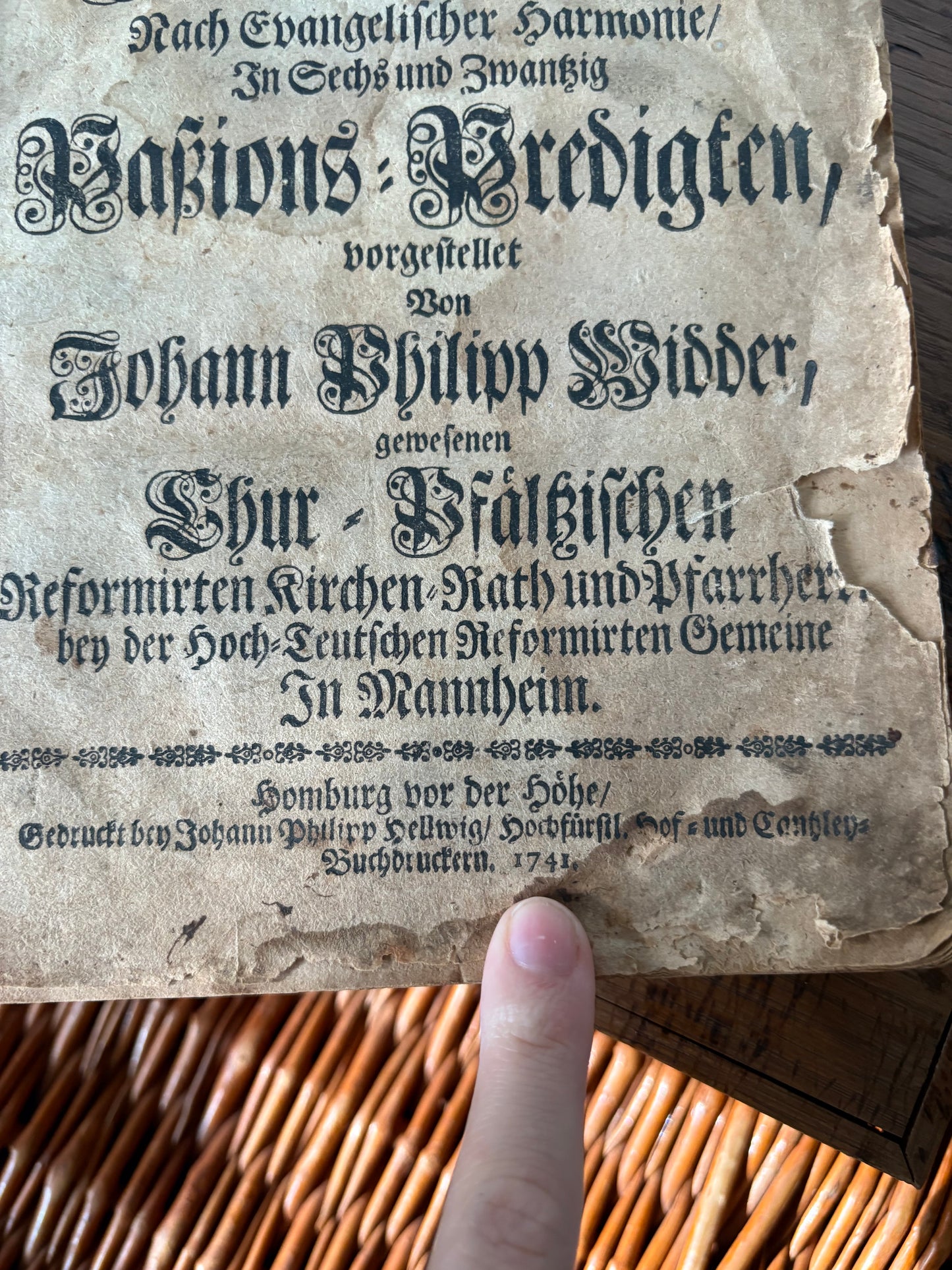 Antique wooden bible box with 1741 German bible