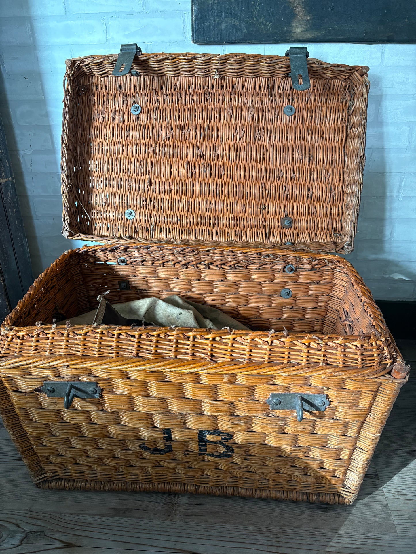 Antique French railway wicker trunk with initials JB | metal latches