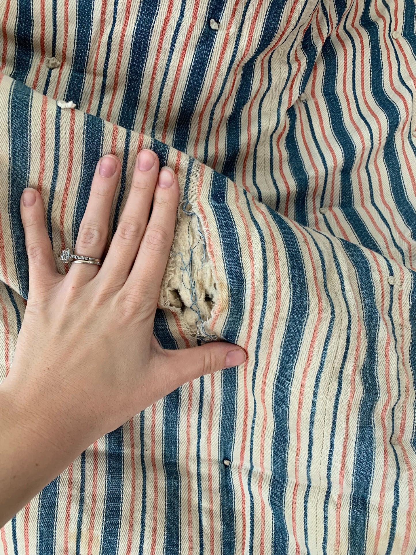 Rare Antique red & blue ticking mattress | wool filled