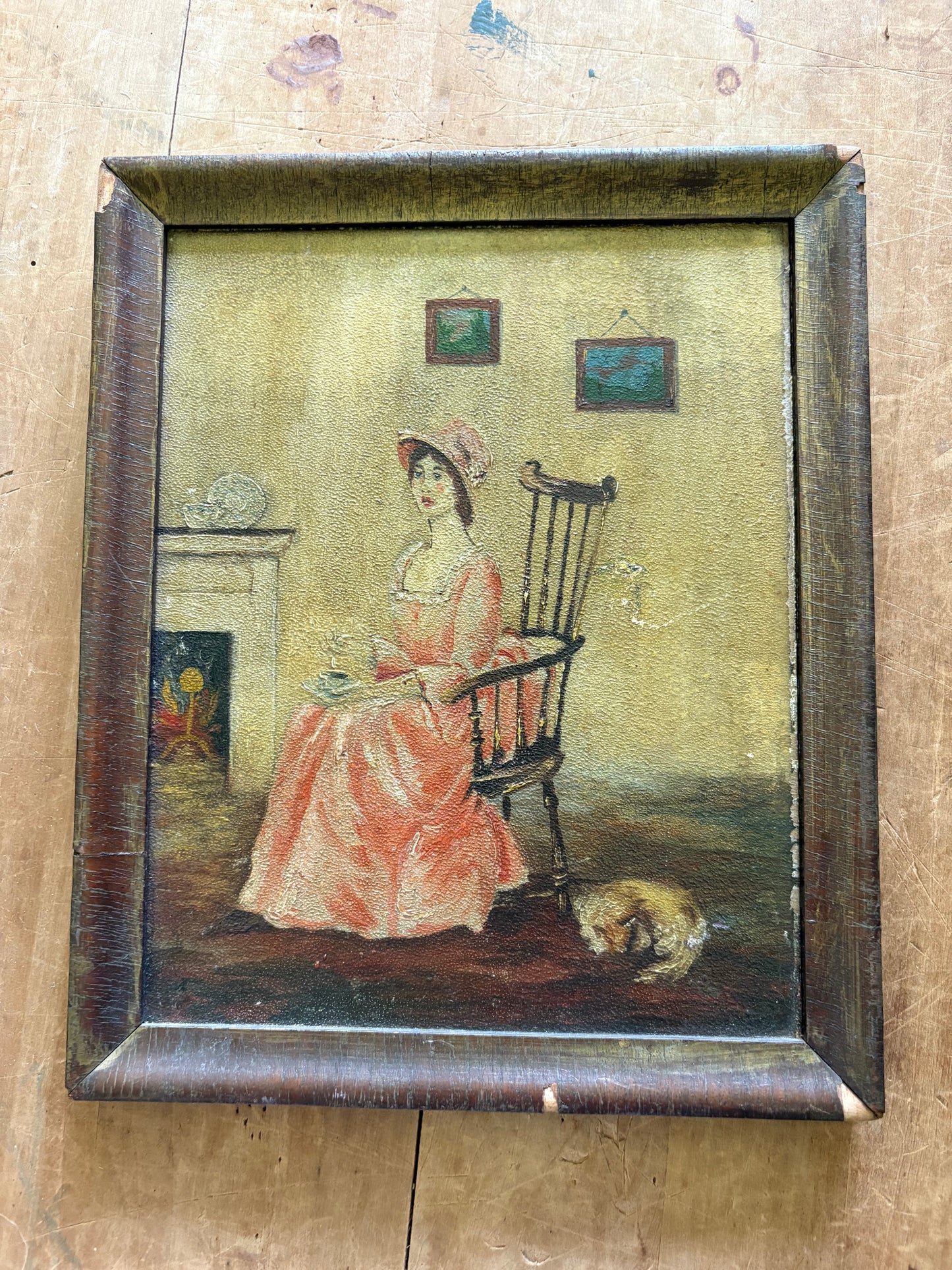 Antique painting of woman in pink dress