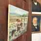 Antique oil painting on canvas | workers in field with cattle