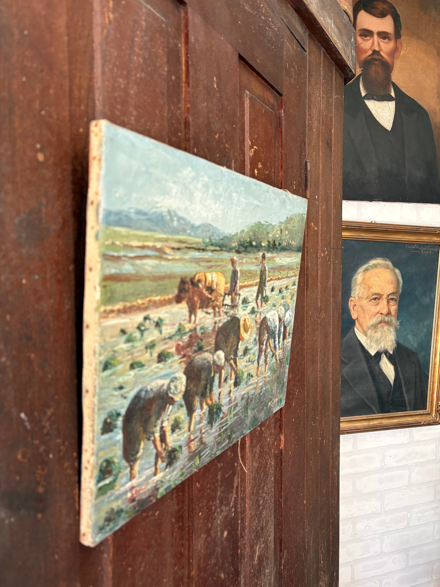 Antique oil painting on canvas | workers in field with cattle