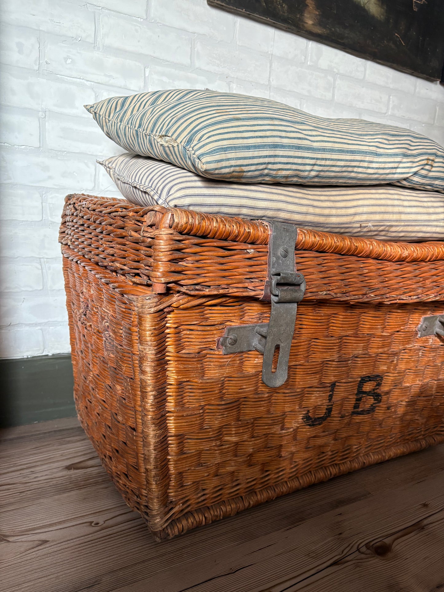 Antique French railway wicker trunk with initials JB | metal latches