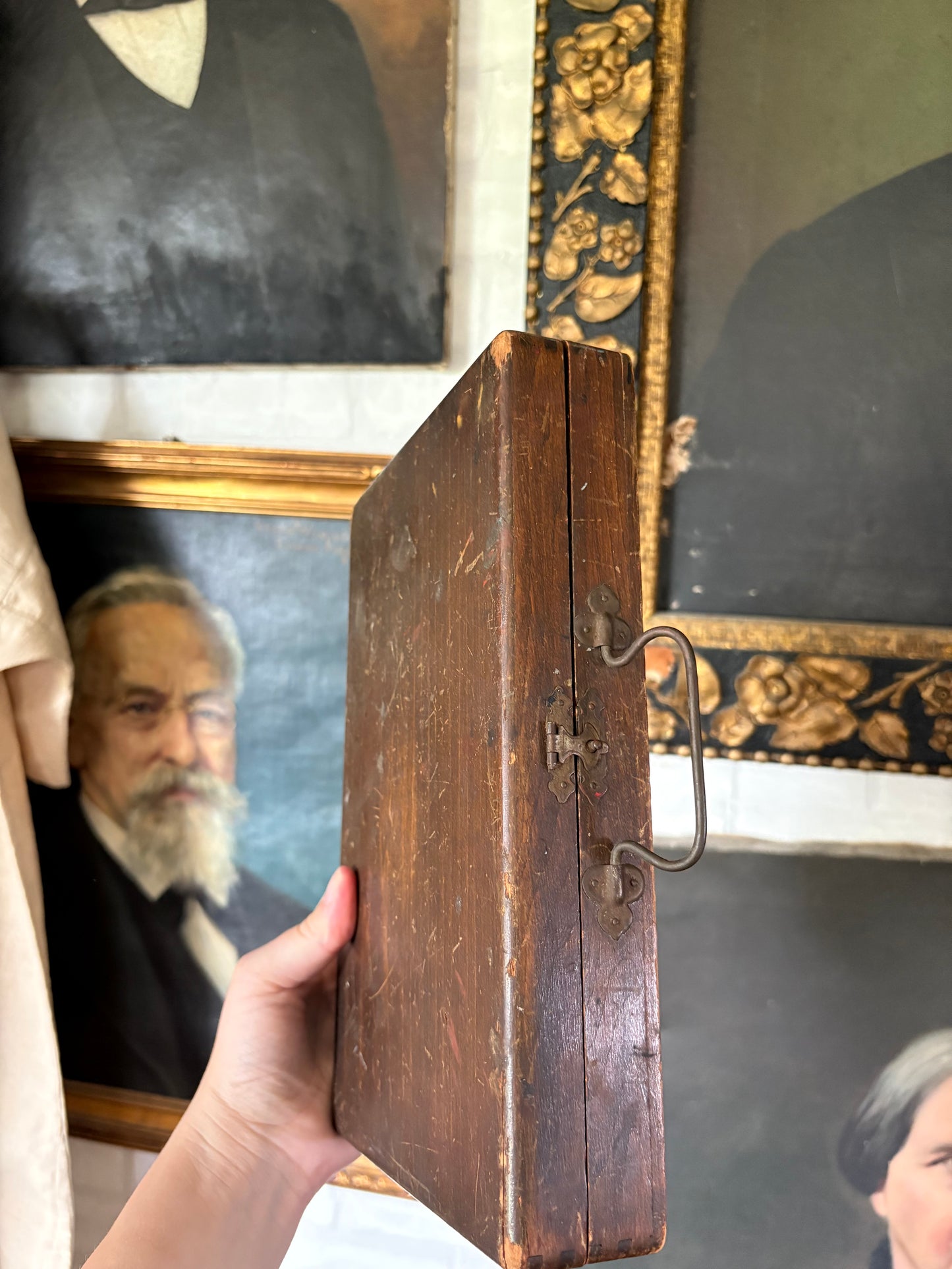 Antique wooden art box with supplies