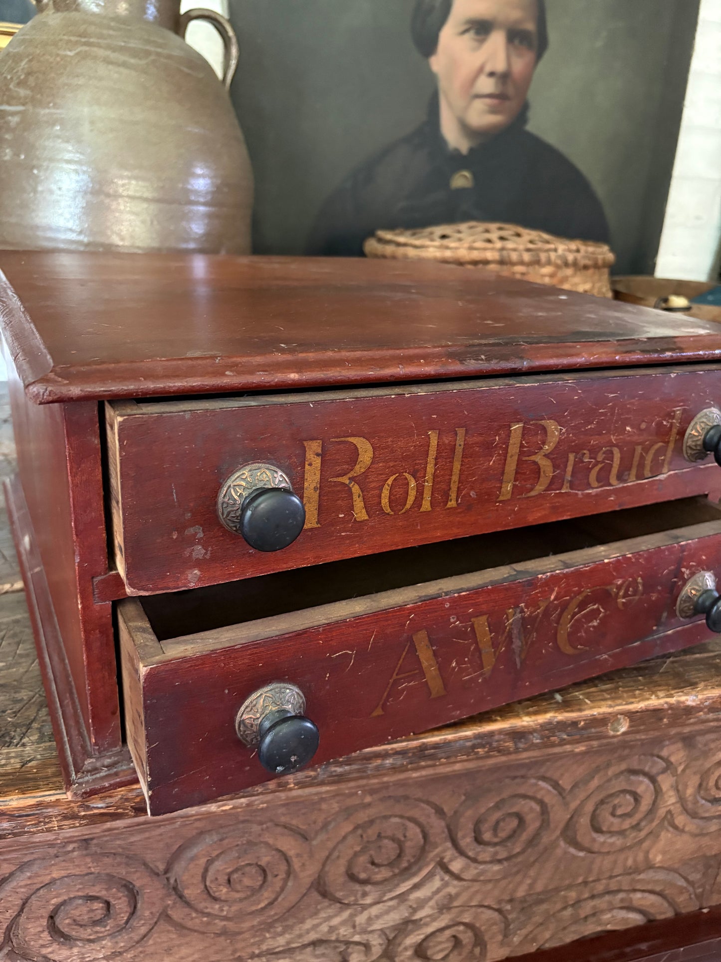 Antique A.W. Co “Roll Braid” Victorian spool drawer cabinet