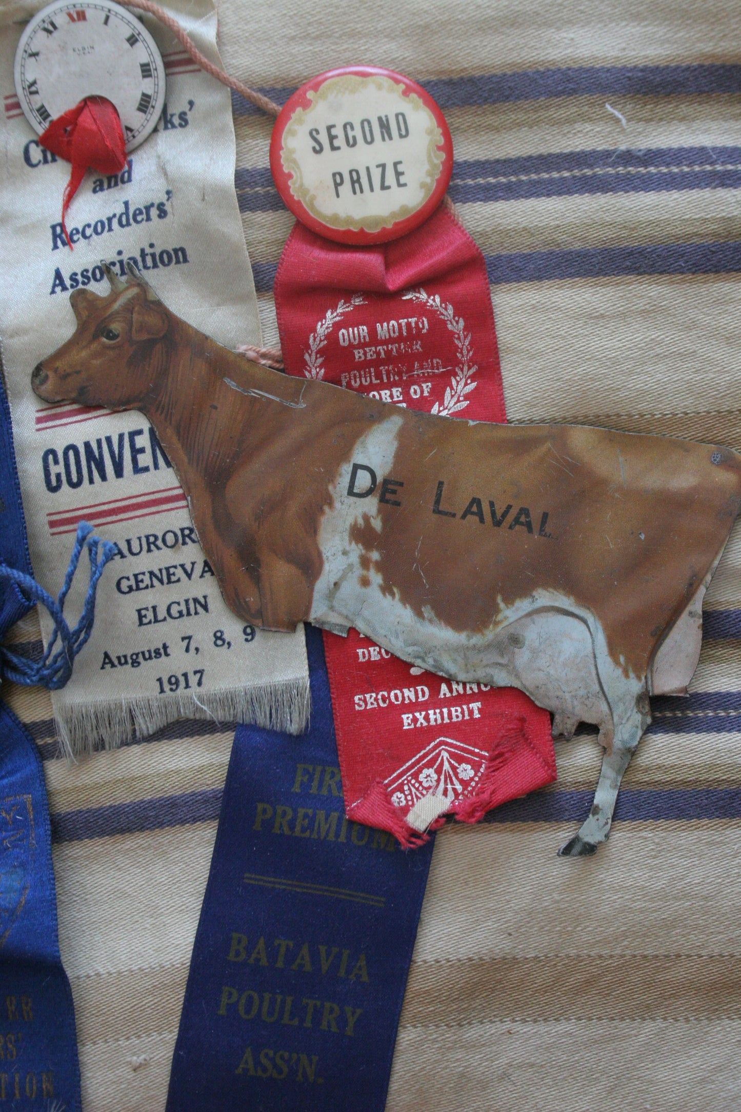 Antique fair poultry ribbons & metal cow