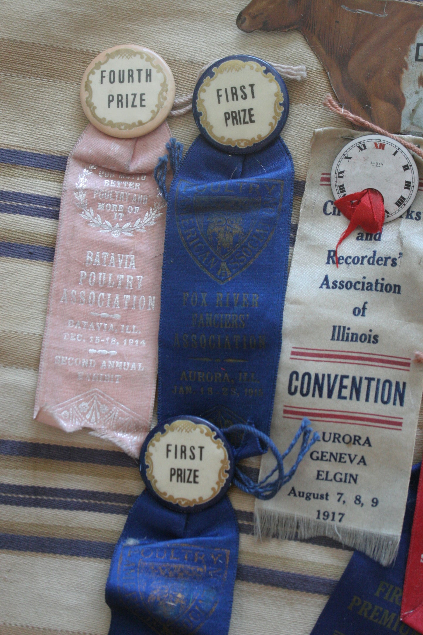 Antique fair poultry ribbons & metal cow
