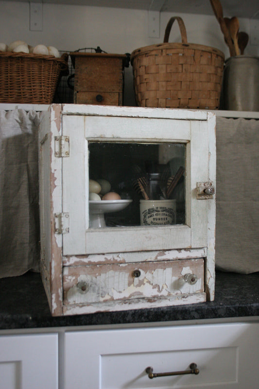 Antique wooden primitive small counter meat safe cupboard | glass knobs | pie safe | chippy decor | original paint