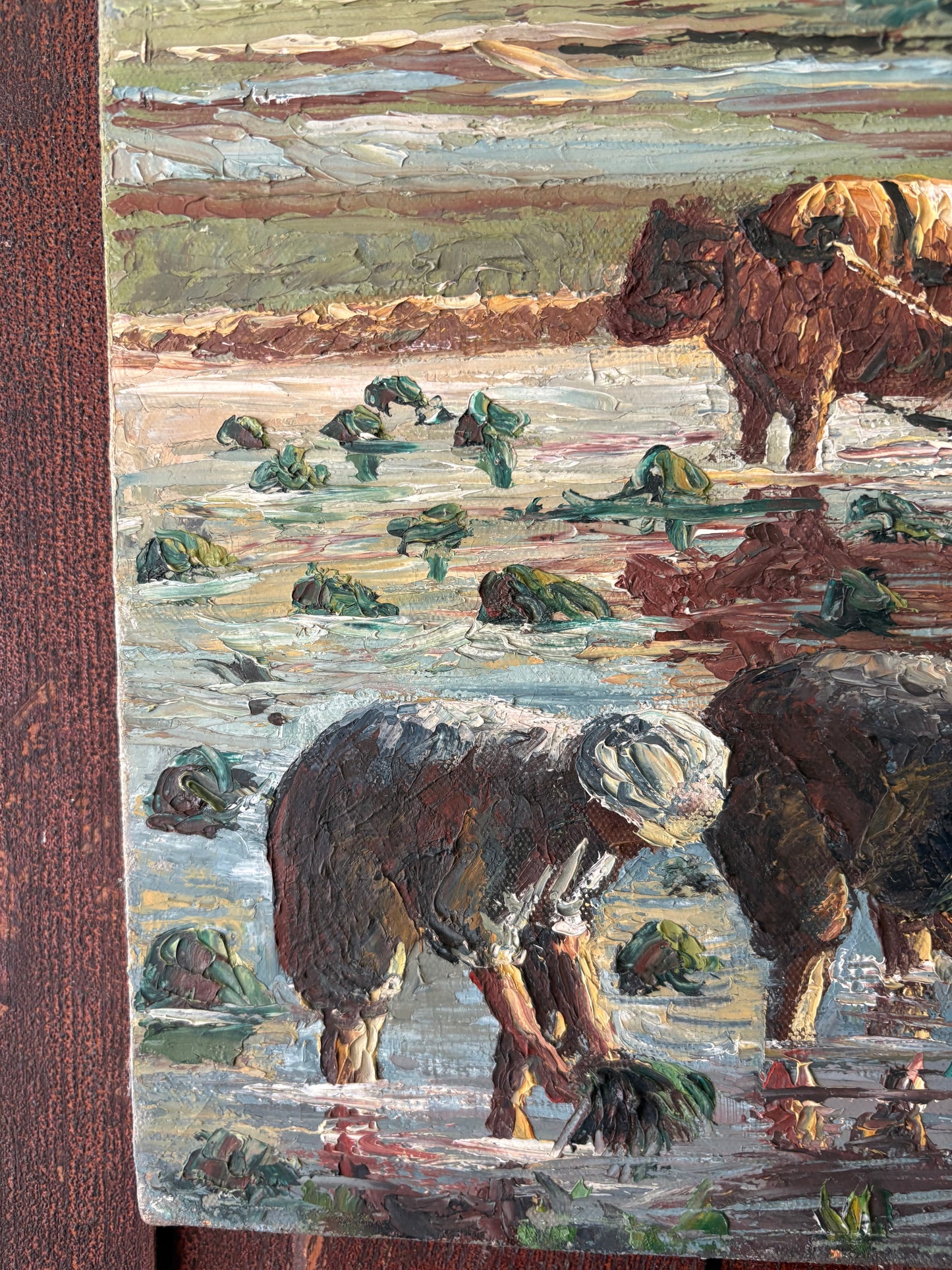 Antique oil painting on canvas | workers in field with cattle