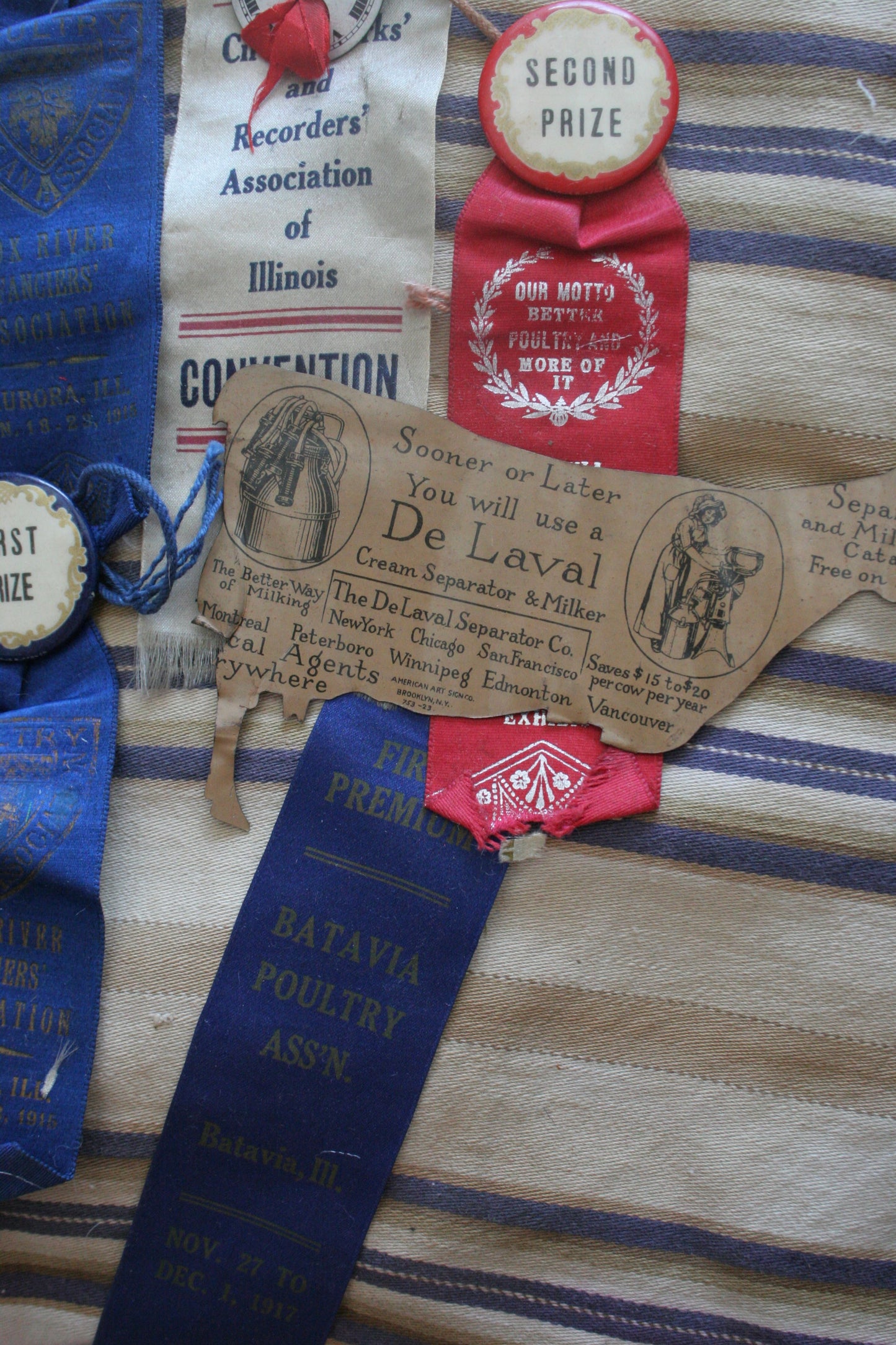 Antique fair poultry ribbons & metal cow