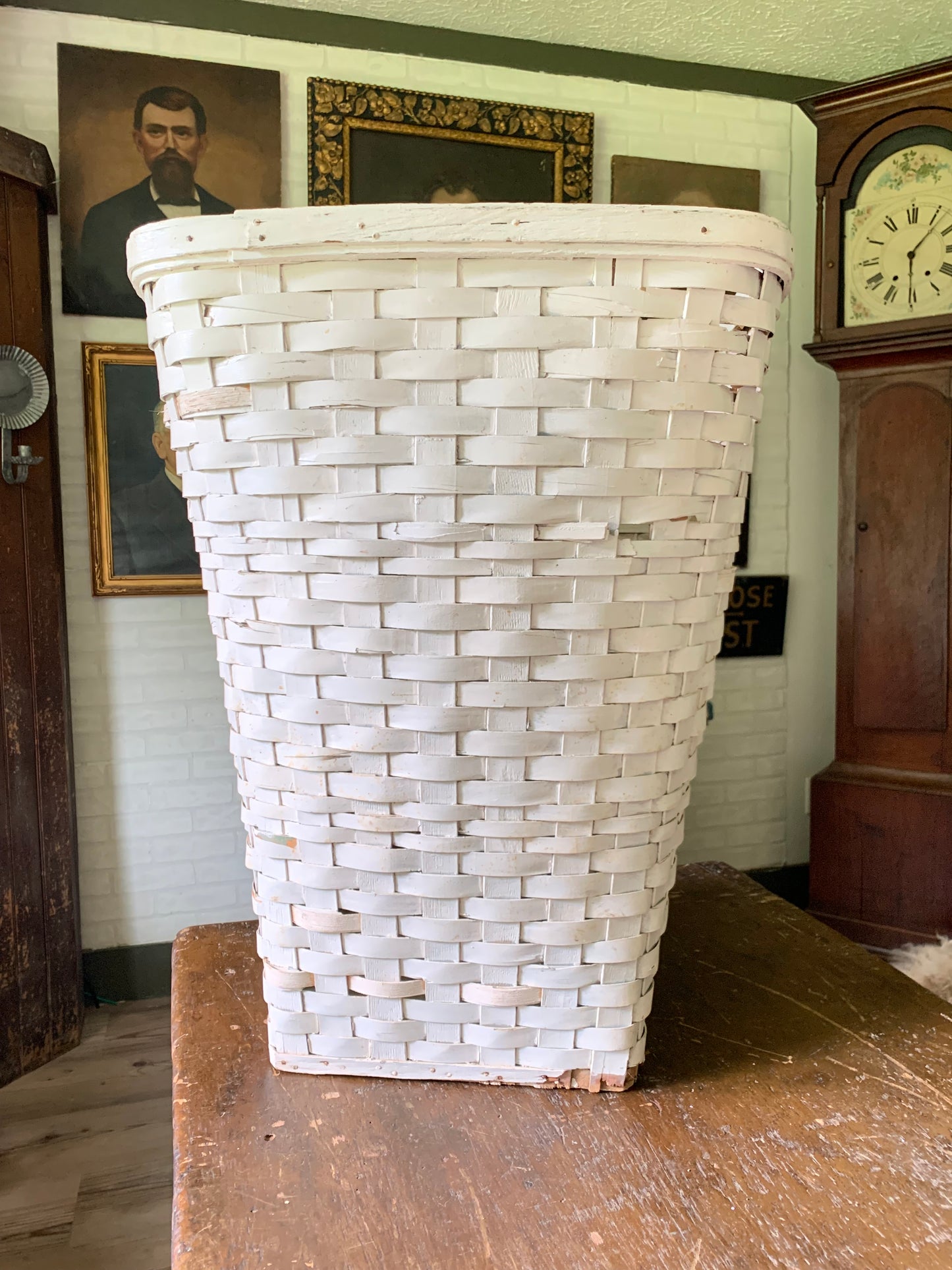 Antique white painted splint wood hamper/basket