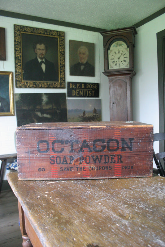 Antique large octagon soap powder box with hinged lid