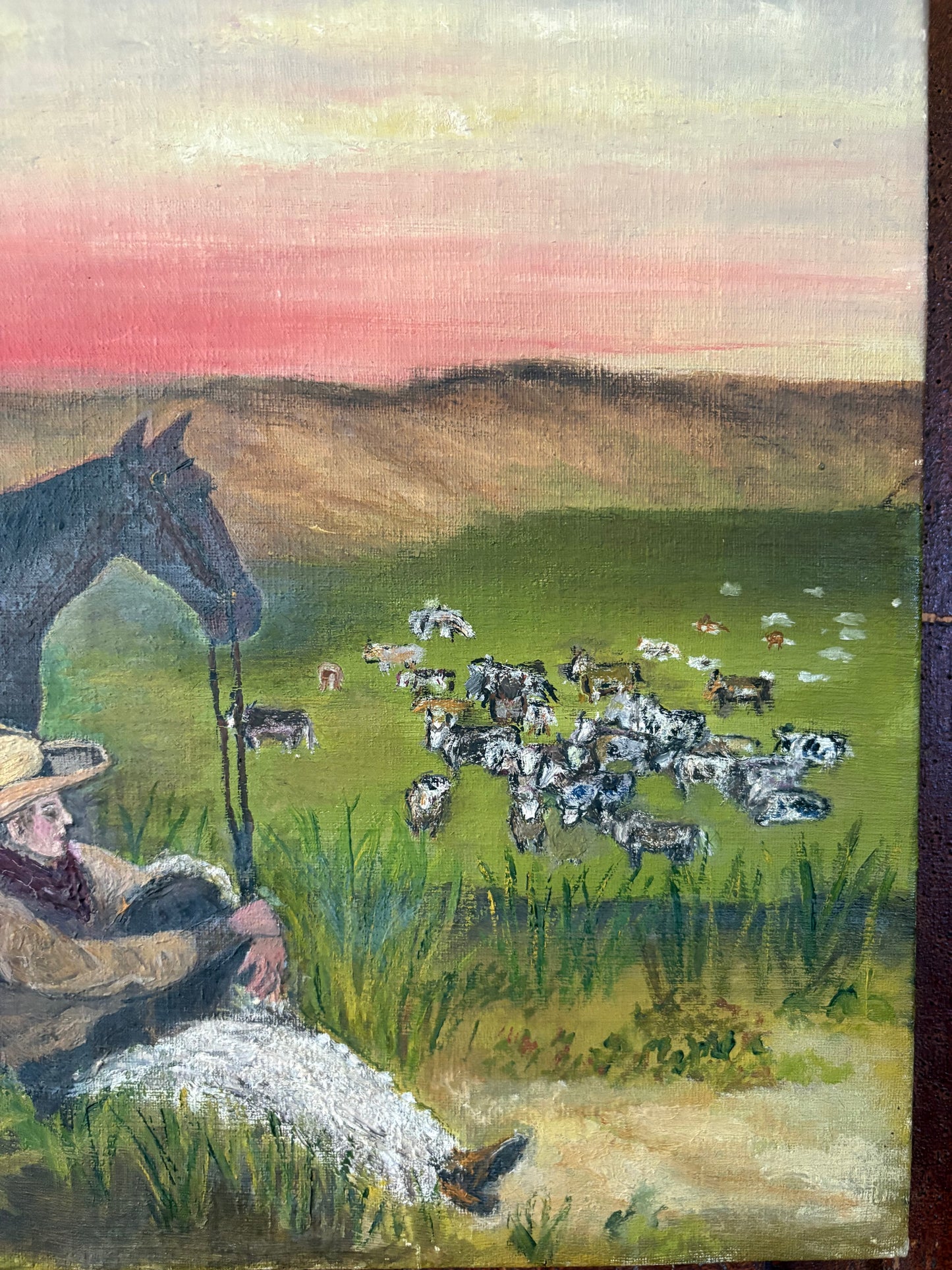 Antique western folk art oil on canvas cowboy painting with horse