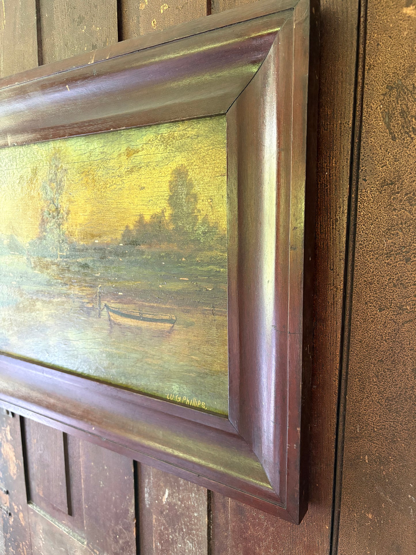 Antique oil painting on board landscape framed & signed