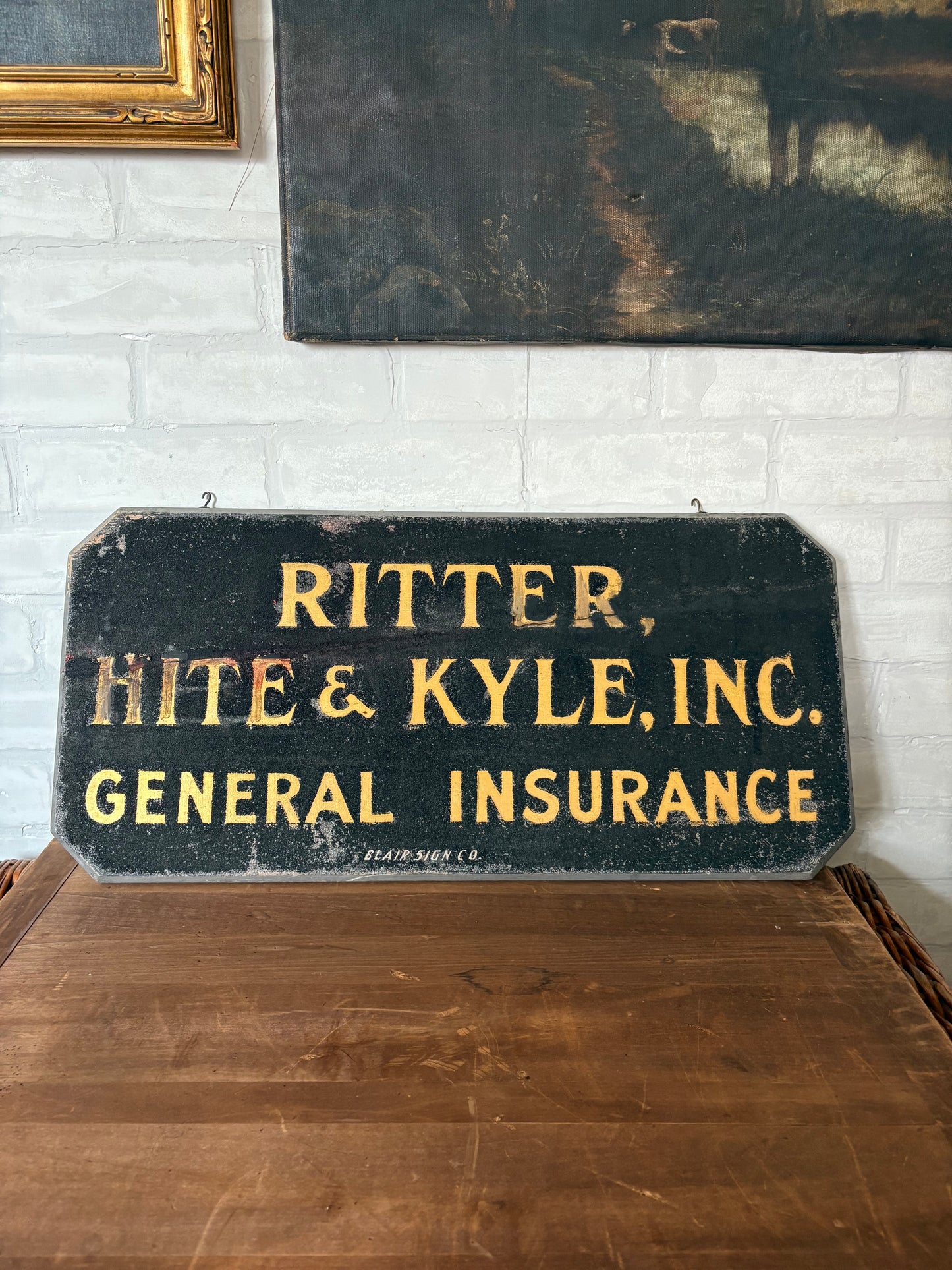 Vintage Blair Sign Co Double Side Hanger Insurance Sign Ritter Hite Kyle | gilded lettering