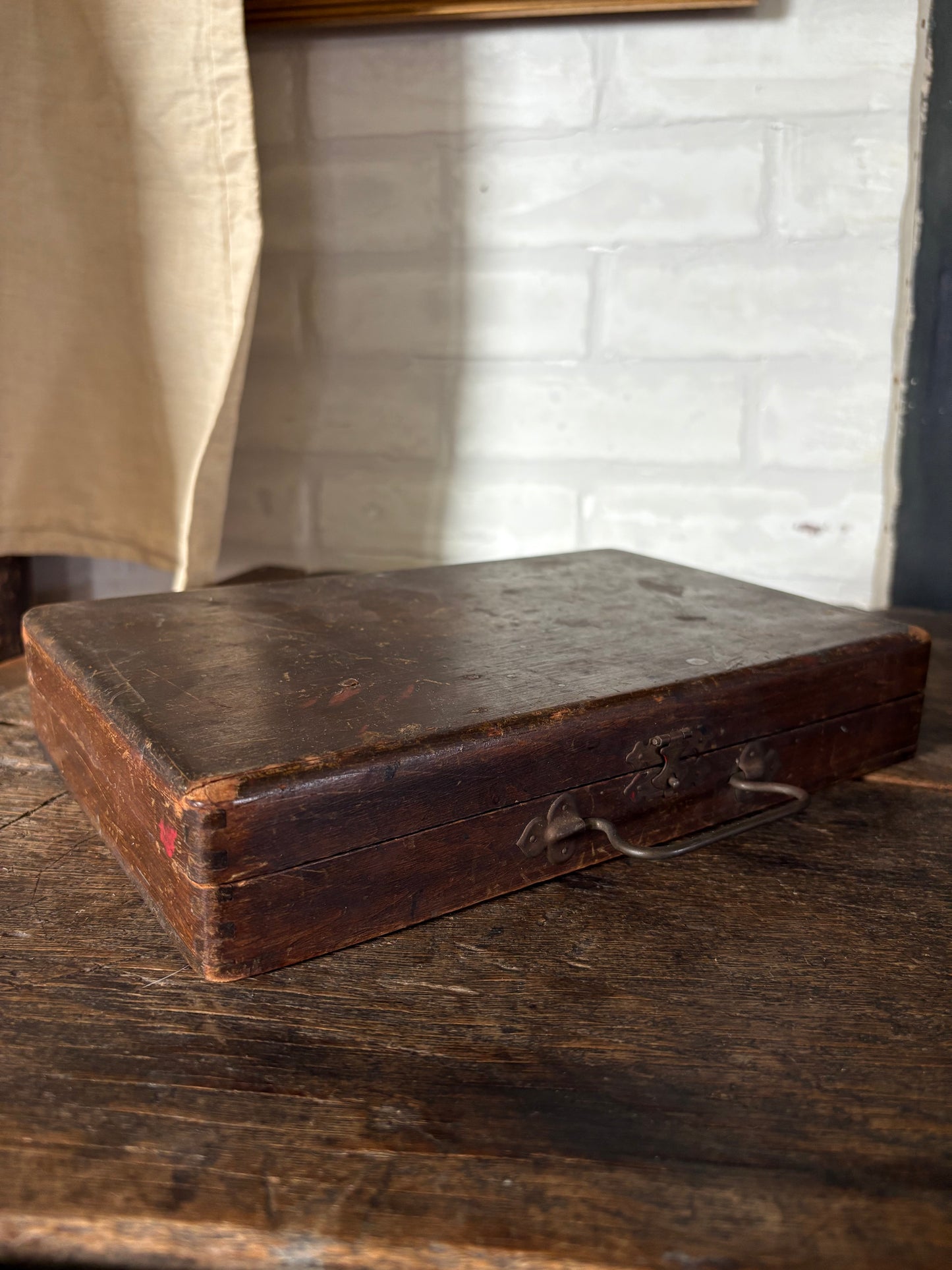 Antique wooden art box with supplies
