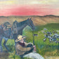 Antique western folk art oil on canvas cowboy painting with horse