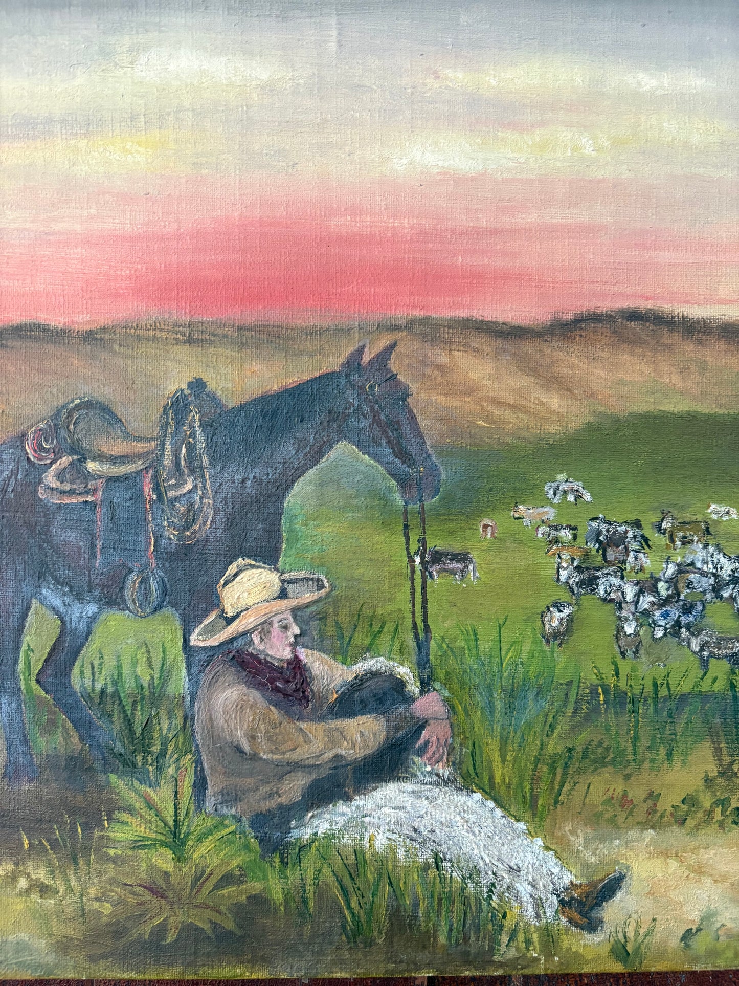 Antique western folk art oil on canvas cowboy painting with horse
