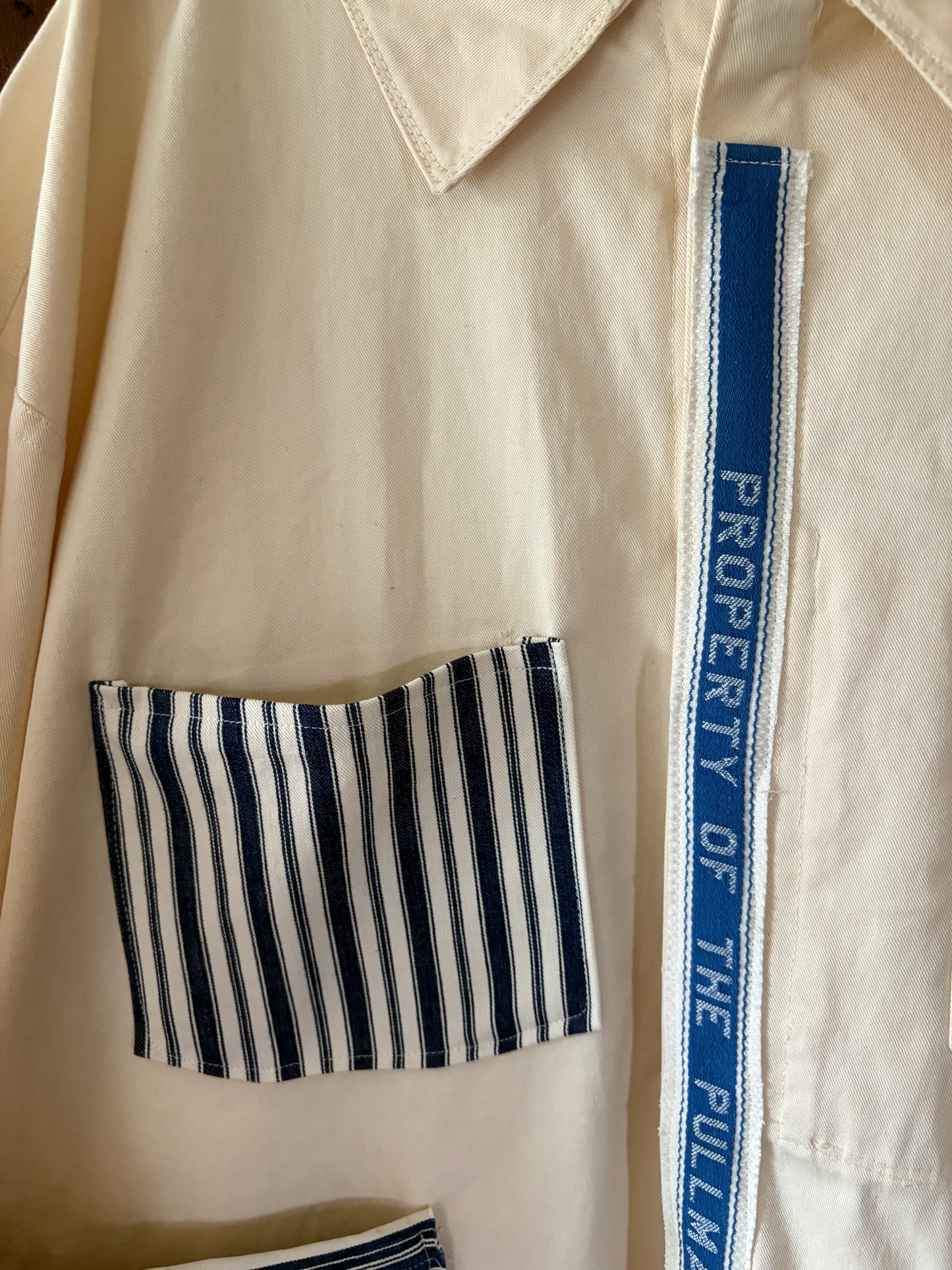 Vintage French chore coat reworked with French ticking stripe fabric
