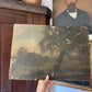 Antique oil painting of primitive salt box home on board | landscape