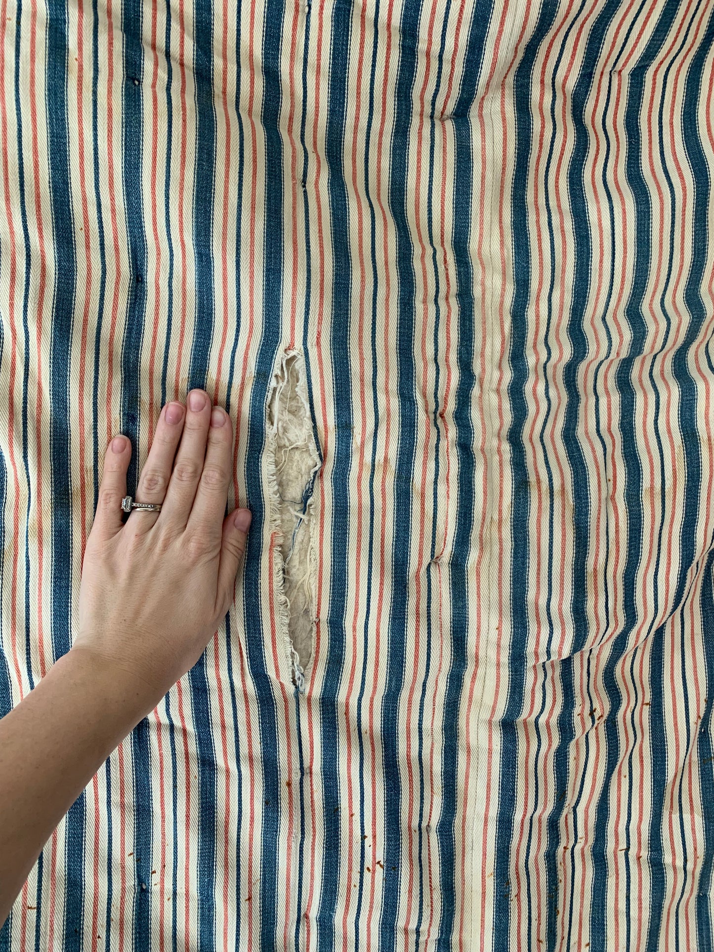 Rare Antique red & blue ticking mattress | wool filled