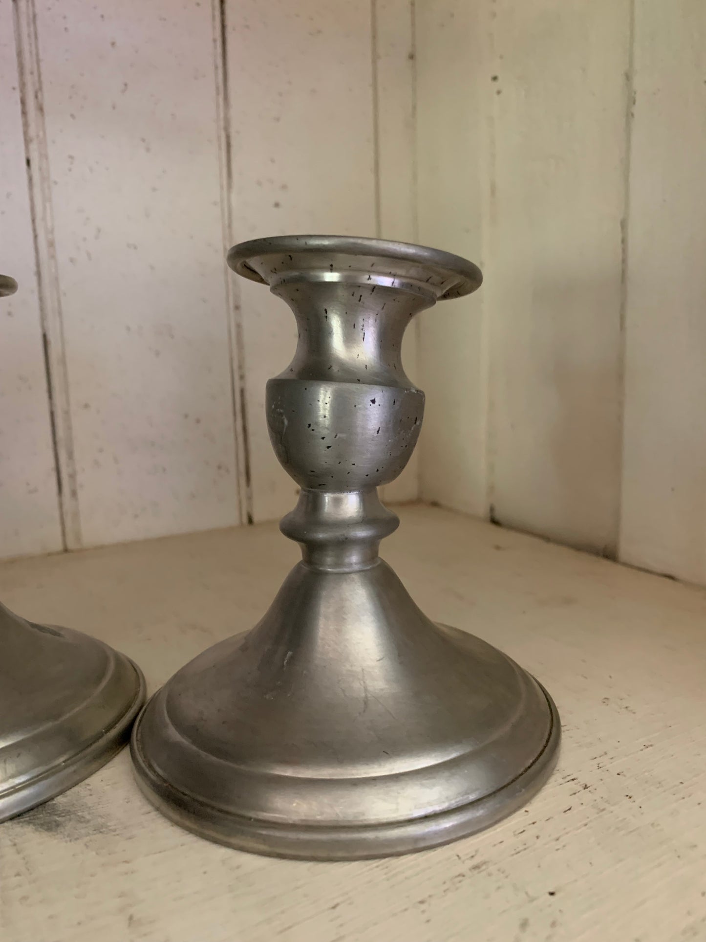 Antique pewter candlestick holder set