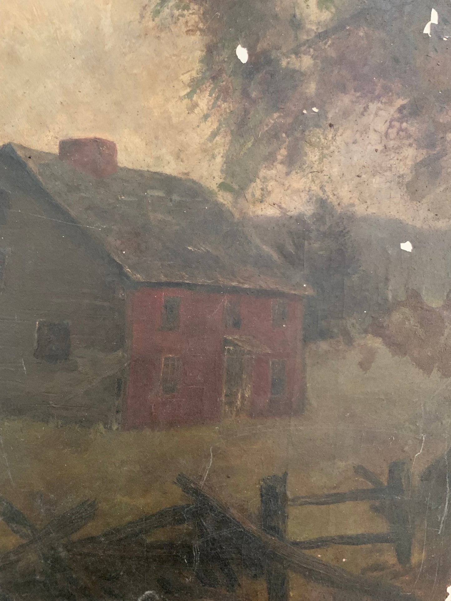 Antique oil painting of primitive salt box home on board | landscape