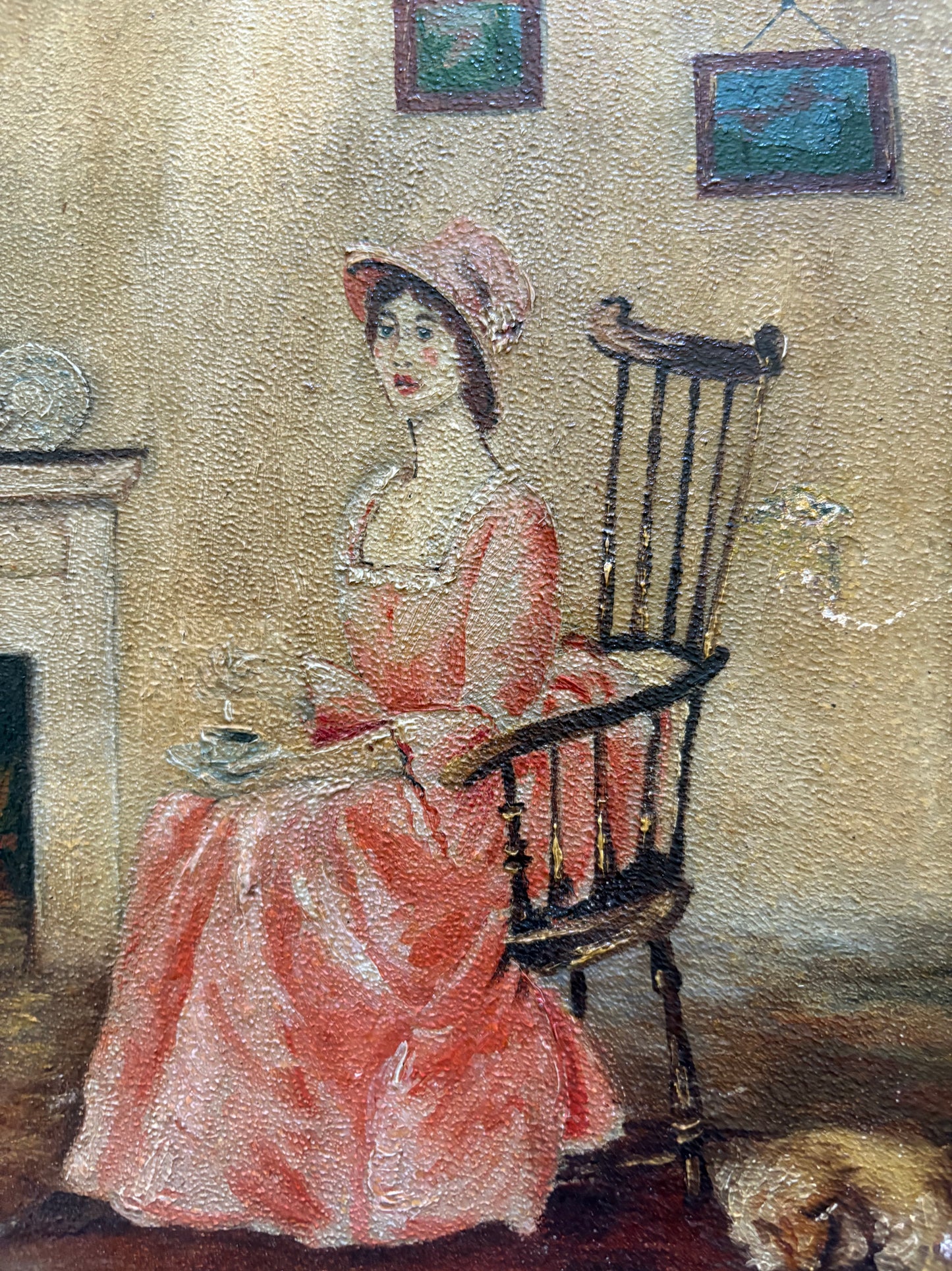 Antique painting of woman in pink dress