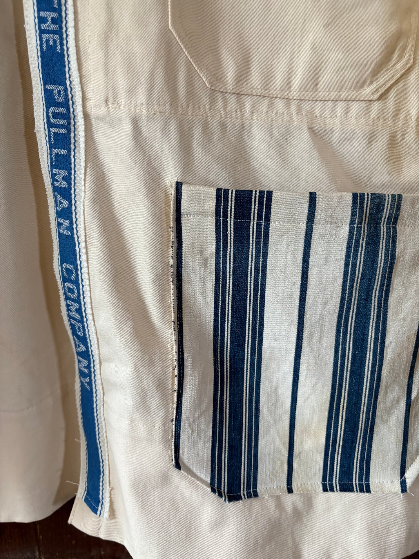 Vintage French chore coat reworked with French ticking stripe fabric