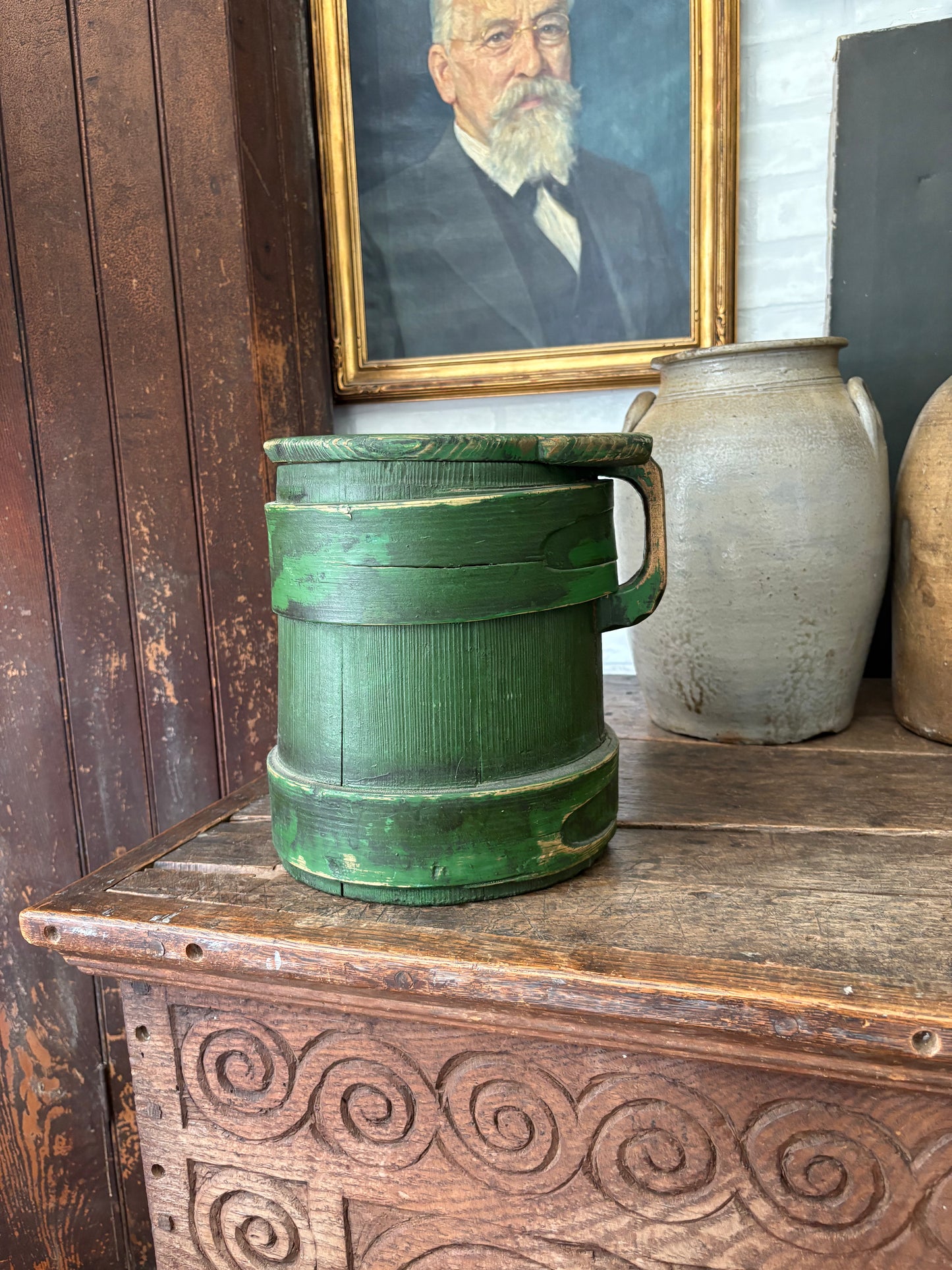 Antique wooden green tankard