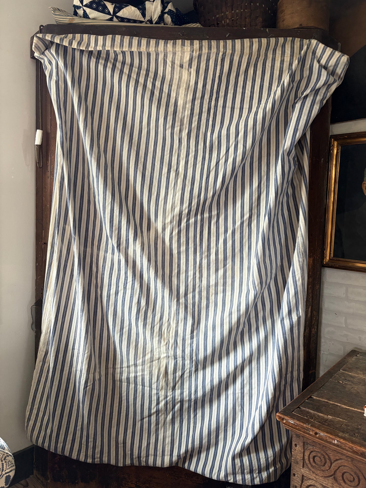 Vintage blue ticking stripe feather mattress cover
