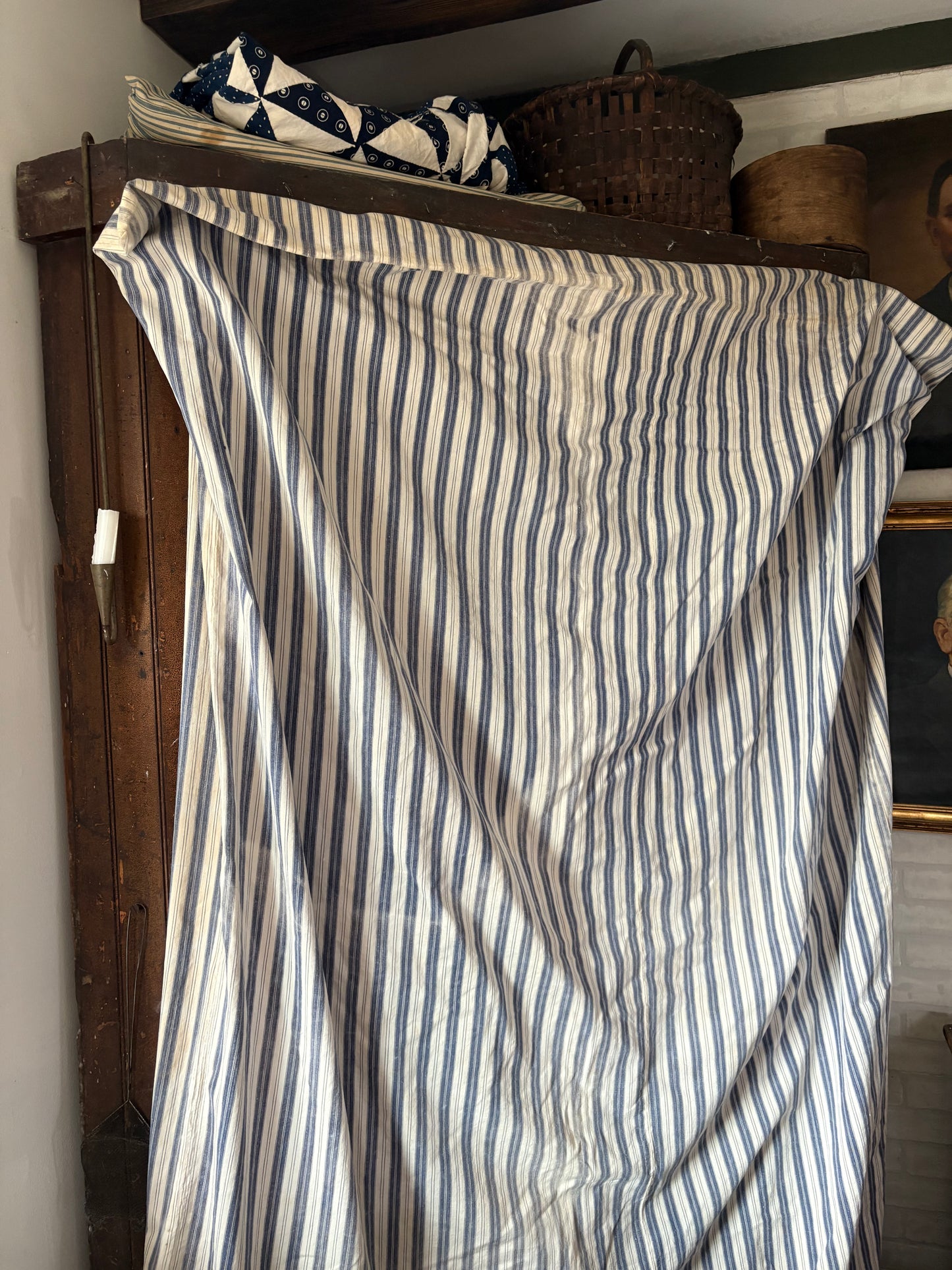 Vintage blue ticking stripe feather mattress cover