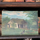 Vintage rural landscape oil painting on board of home and dog