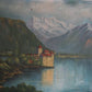 Antique oil painting of The Castle of Chillon by Edith Walter on canvas dated 1892