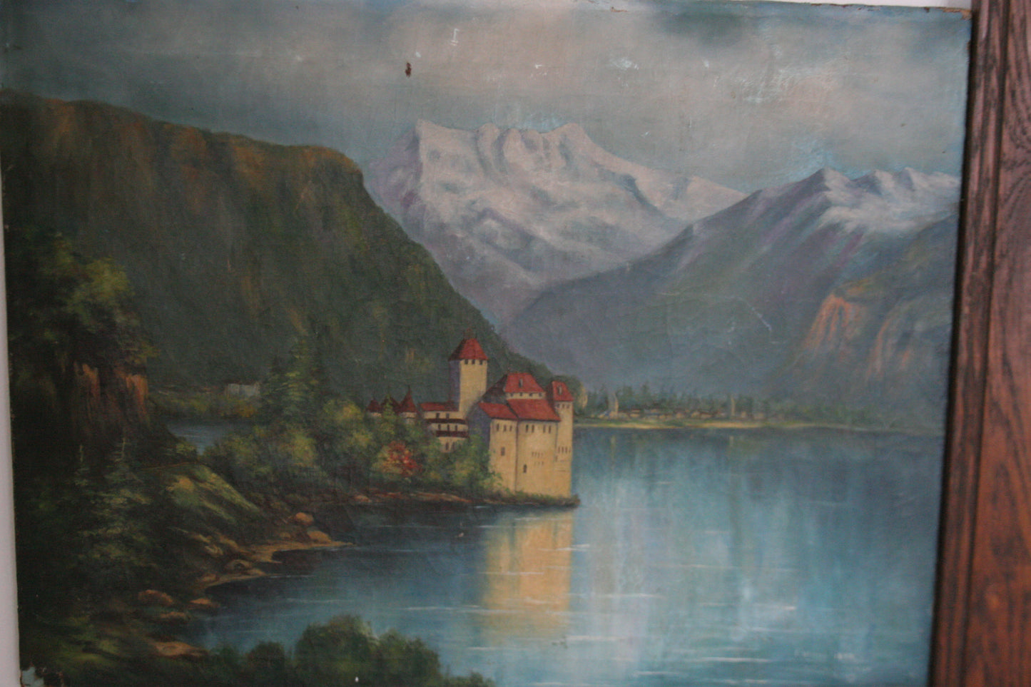 Antique oil painting of The Castle of Chillon by Edith Walter on canvas dated 1892